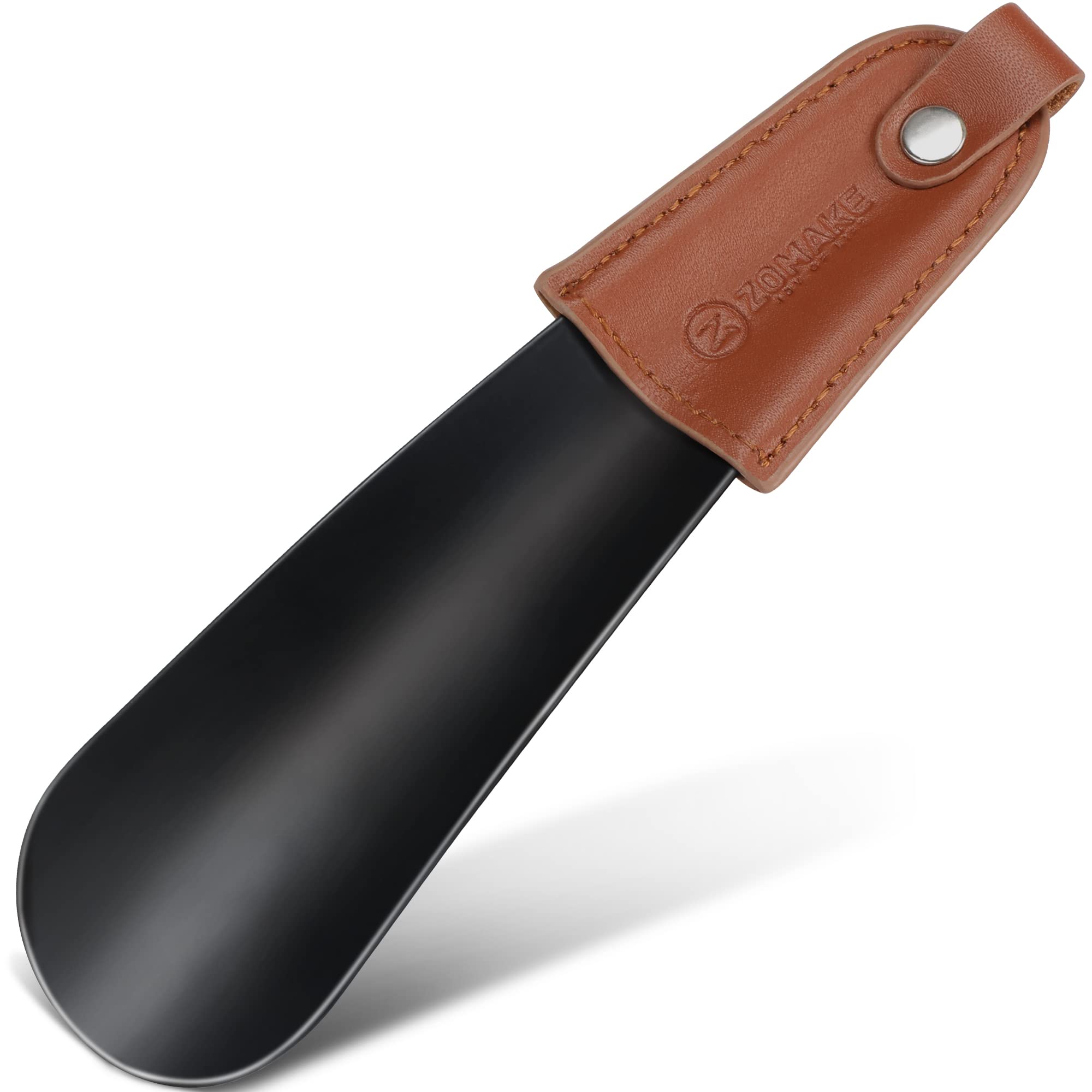 ZOMAKE 6.7 Inch Stainless Steel Shoe Horn with Leather Handle - Compact Travel Shoehorn for Men, Women, Seniors & Kids - Durable Metal Shoe Helper for Easy Dressing (Black) | Perfect for Travel, Home Use & Elderly Foot Care
