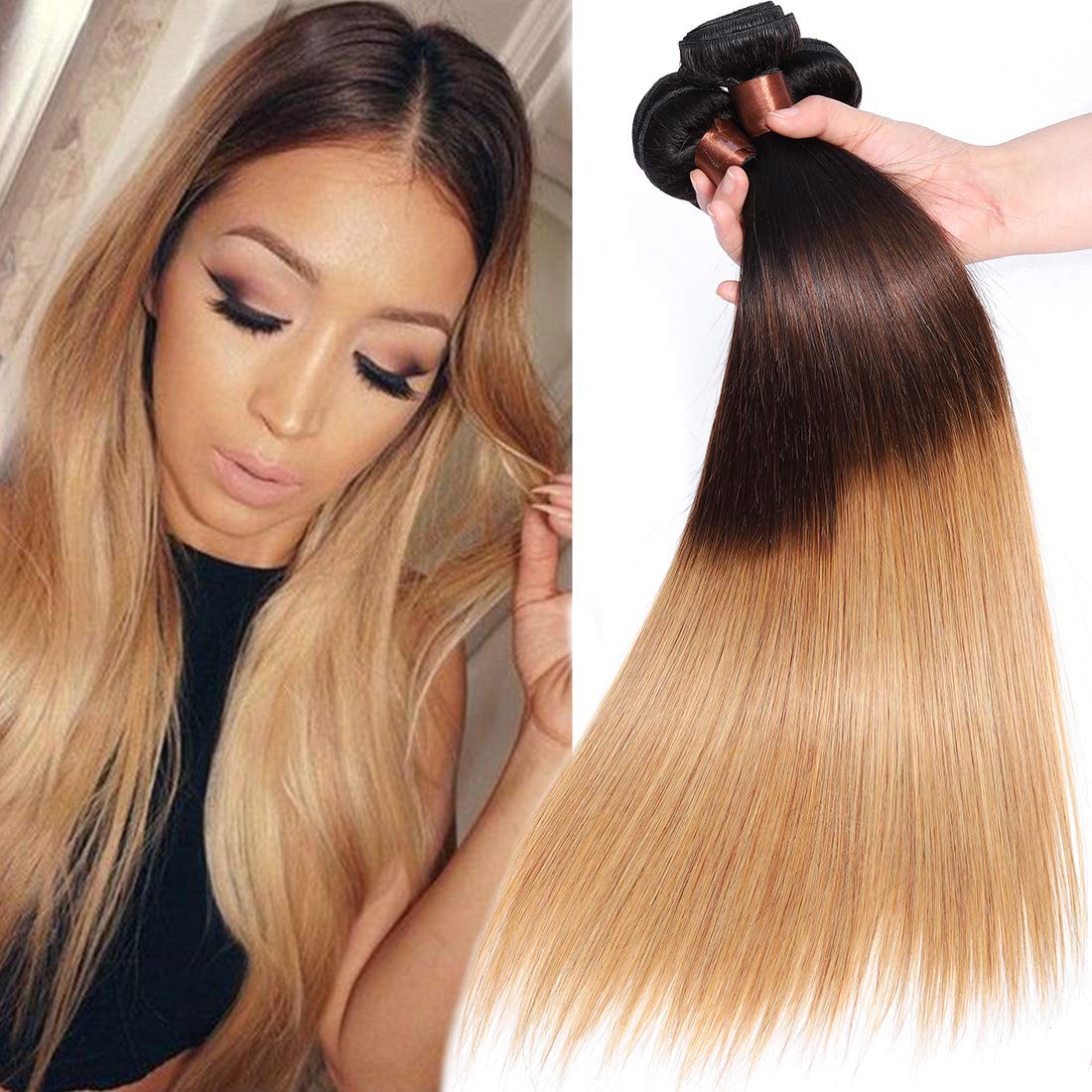 Brazilian Virgin Ombre Hair Extensions - Silky Straight Unprocessed Human Hair Weave 3 Bundles (T1B/4/27) - 28 28 28 Mixed Length for Natural Look & Styling Versatility - Perfect for Daily Wear, Parties & Special Occasions