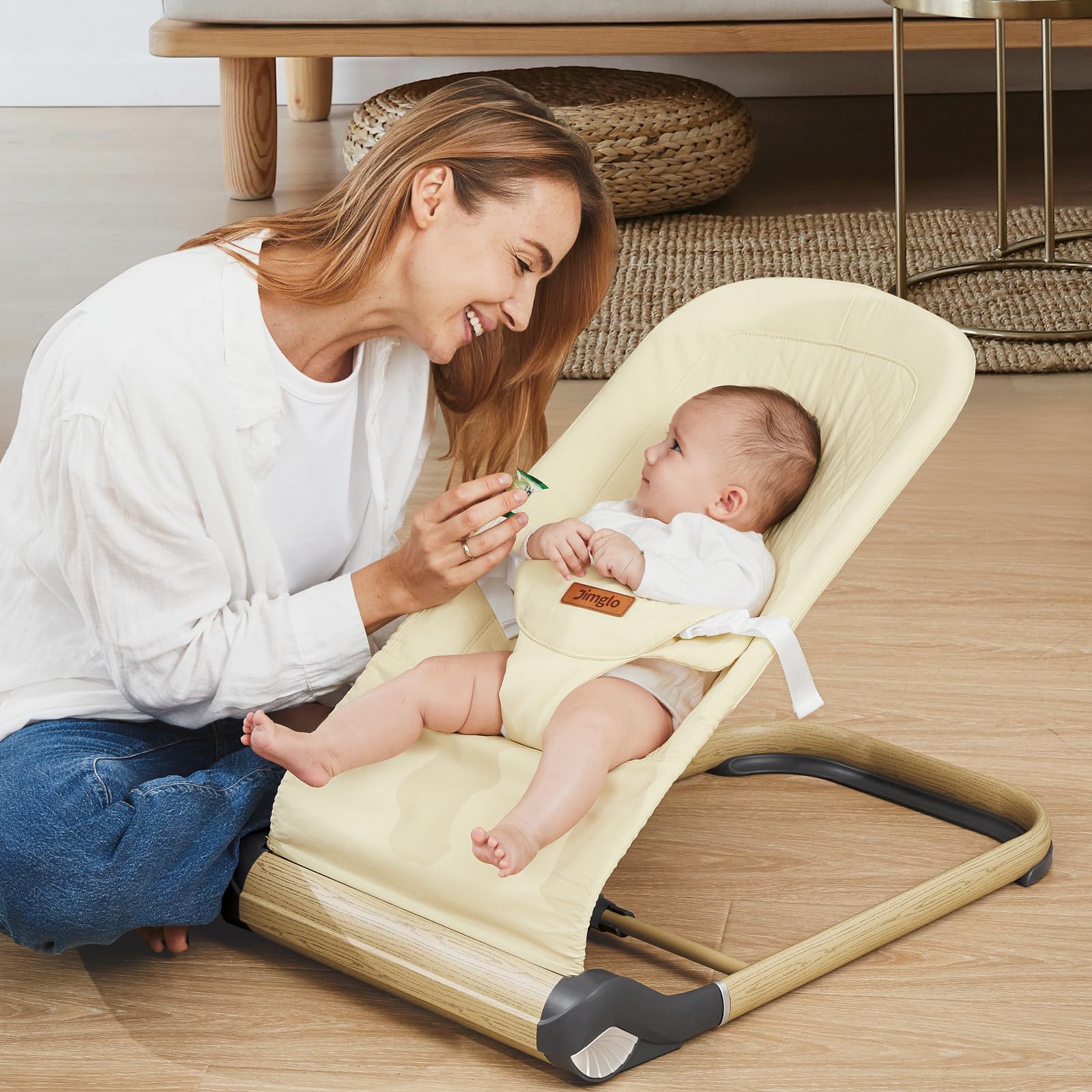Foldable Baby Bouncer Seat with Adjustable Height - Portable Infant Bouncer for Newborns & Toddlers (Soft Cotton, Beige) | Perfect for Home, Nursery & Travel Use