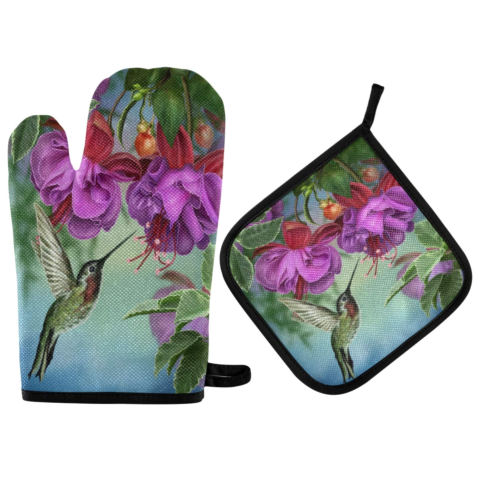 ASLSIY Hummingbird Oven Mitts & Pot Holders Set - Heat Resistant Kitchen Gloves for Baking, BBQ, Grilling - Spring Bird Design for Cooking, Baking & Outdoor Camping