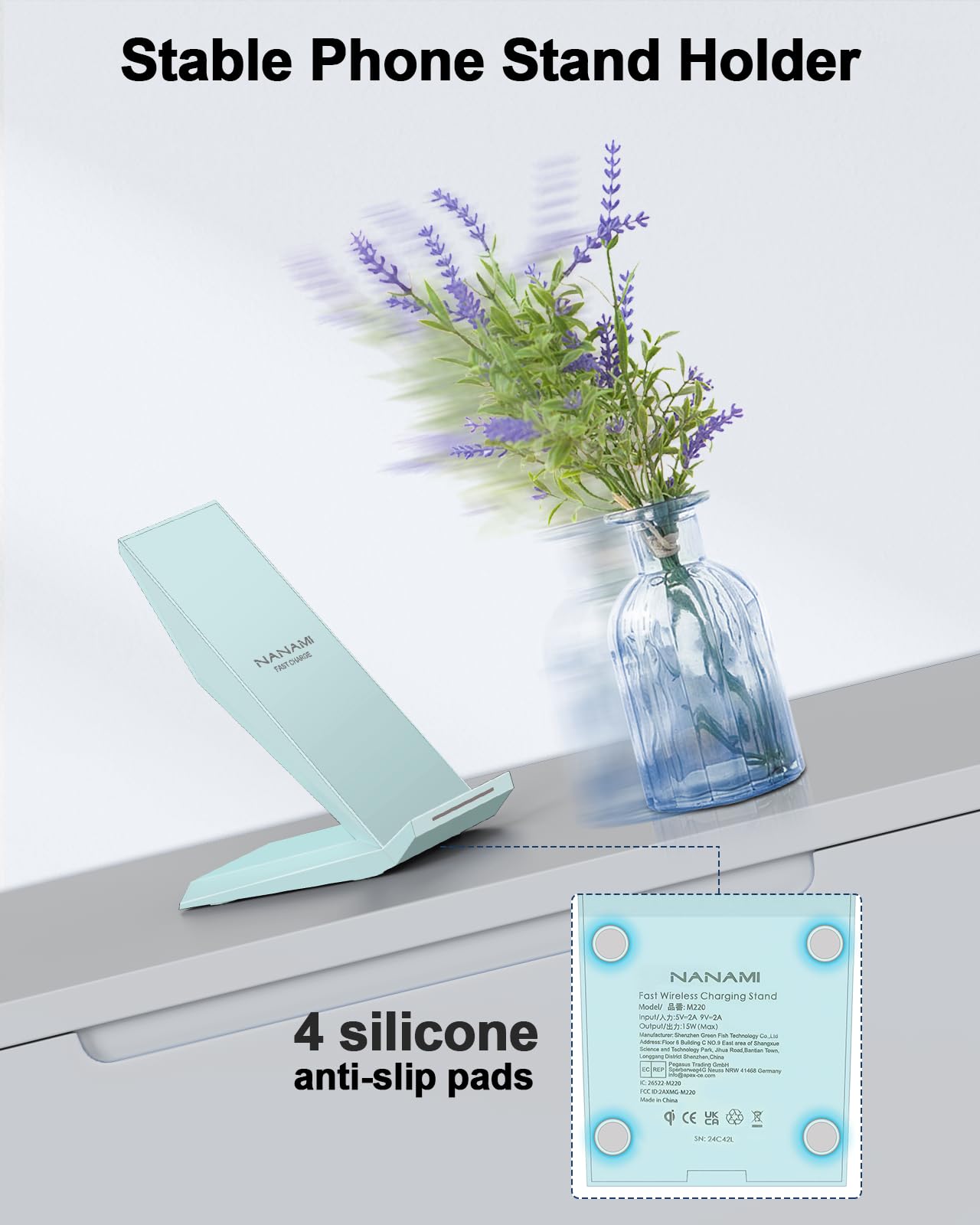 NANAMI 10W Fast Wireless Charging Stand - Qi-Certified Desktop Charger Dock for iPhone 16/15/14/13/12/11 Pro & Samsung Galaxy S25/S24/S23/S22/S21/S20/Note 20 Ultra - Perfect for Home, Office, and Nightstand Charging