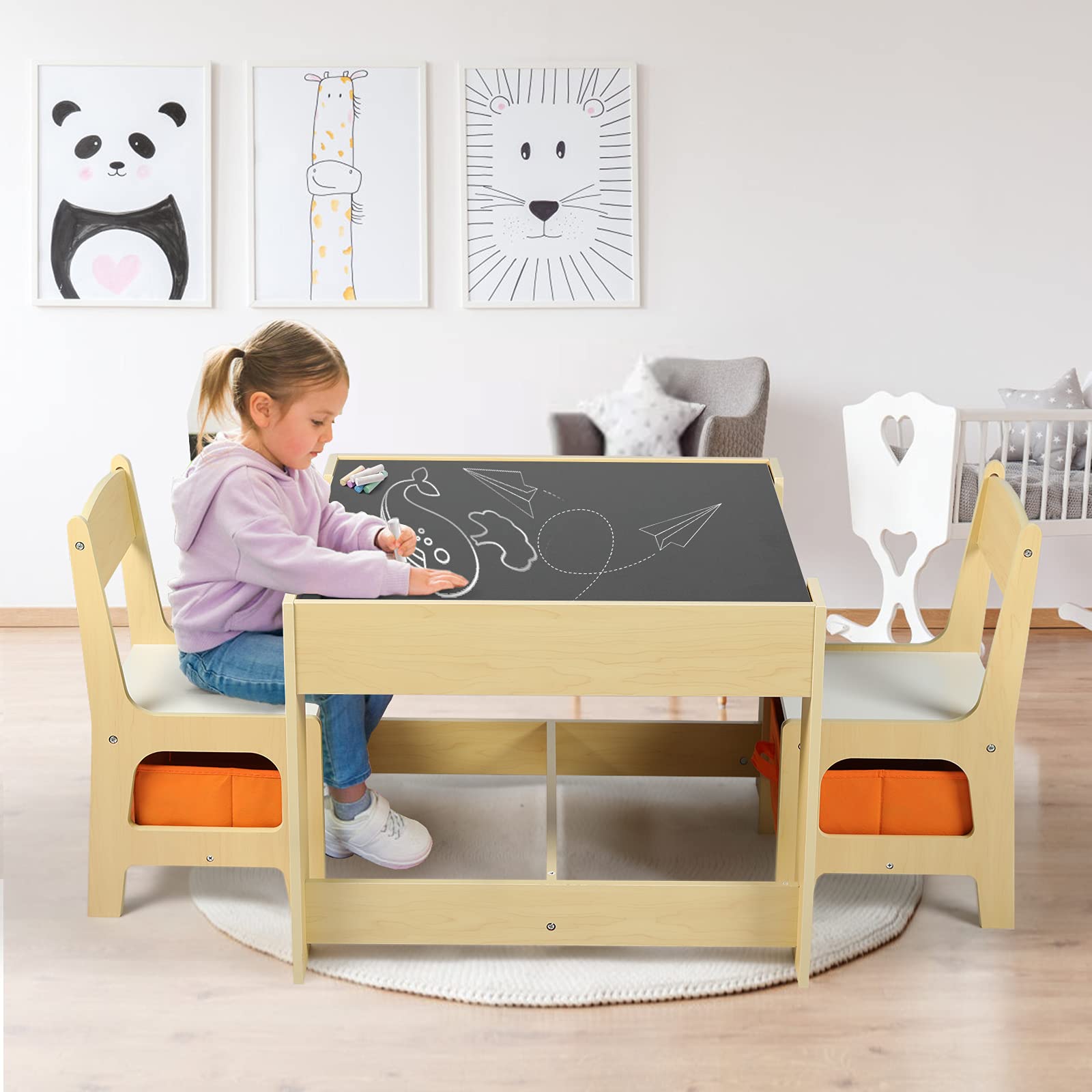 Kinder King Kids Wooden Table and 2 Chairs Set - 3-in-1 Children's Activity Table with Storage, Removable Tabletop & Blackboard - 3-Piece Toddler Furniture for Art, Drawing, Reading - Perfect for Playroom, Homeschooling & Daycare (Natural Wood)