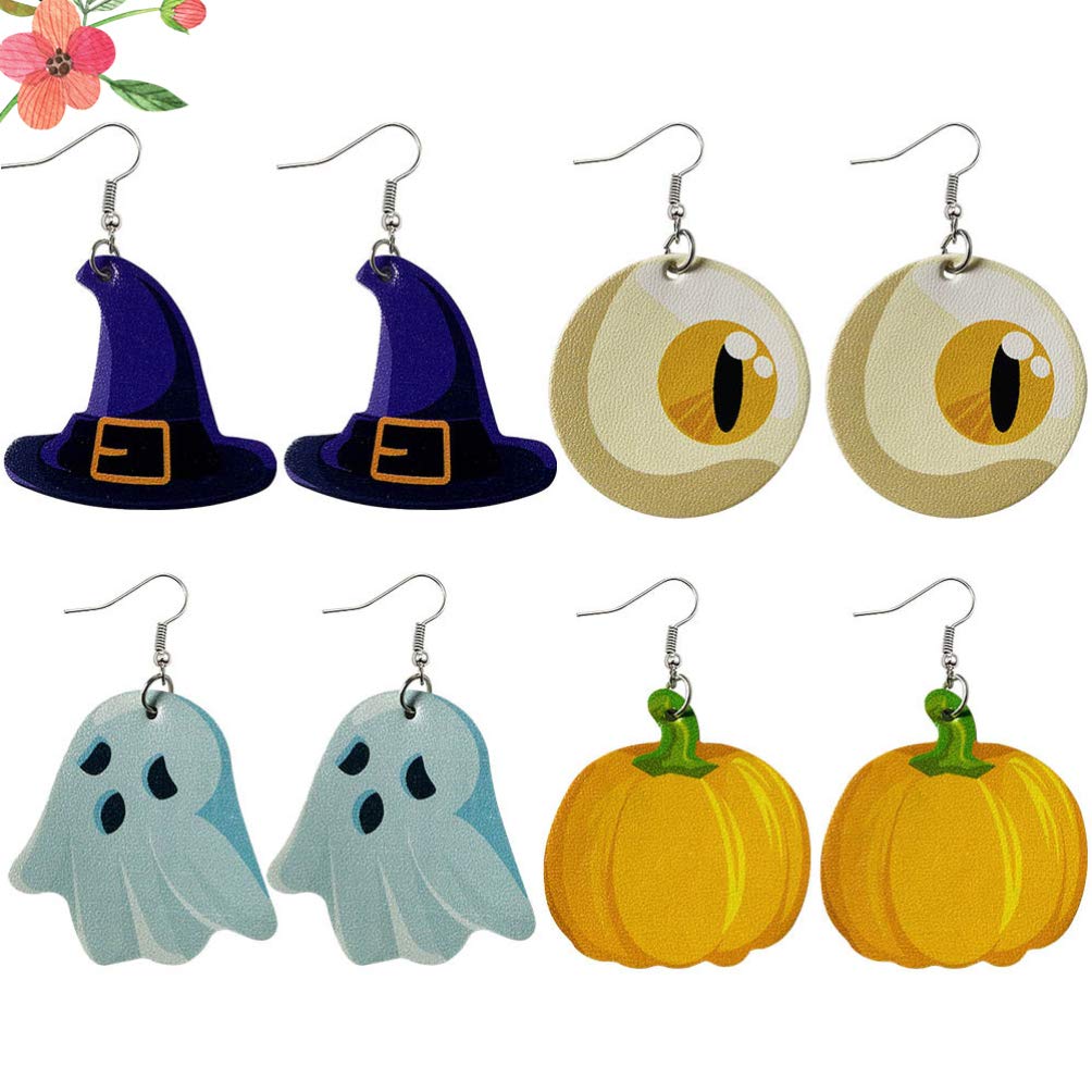KESYOO 4 Pair Halloween Earrings for Women - PU Leather Hook Dangle Earrings with Pumpkin & Ghost Charms | Cute Jewelry Gift for Girls & Teens | Perfect for Halloween Parties, Costume Accessories & Everyday Wear