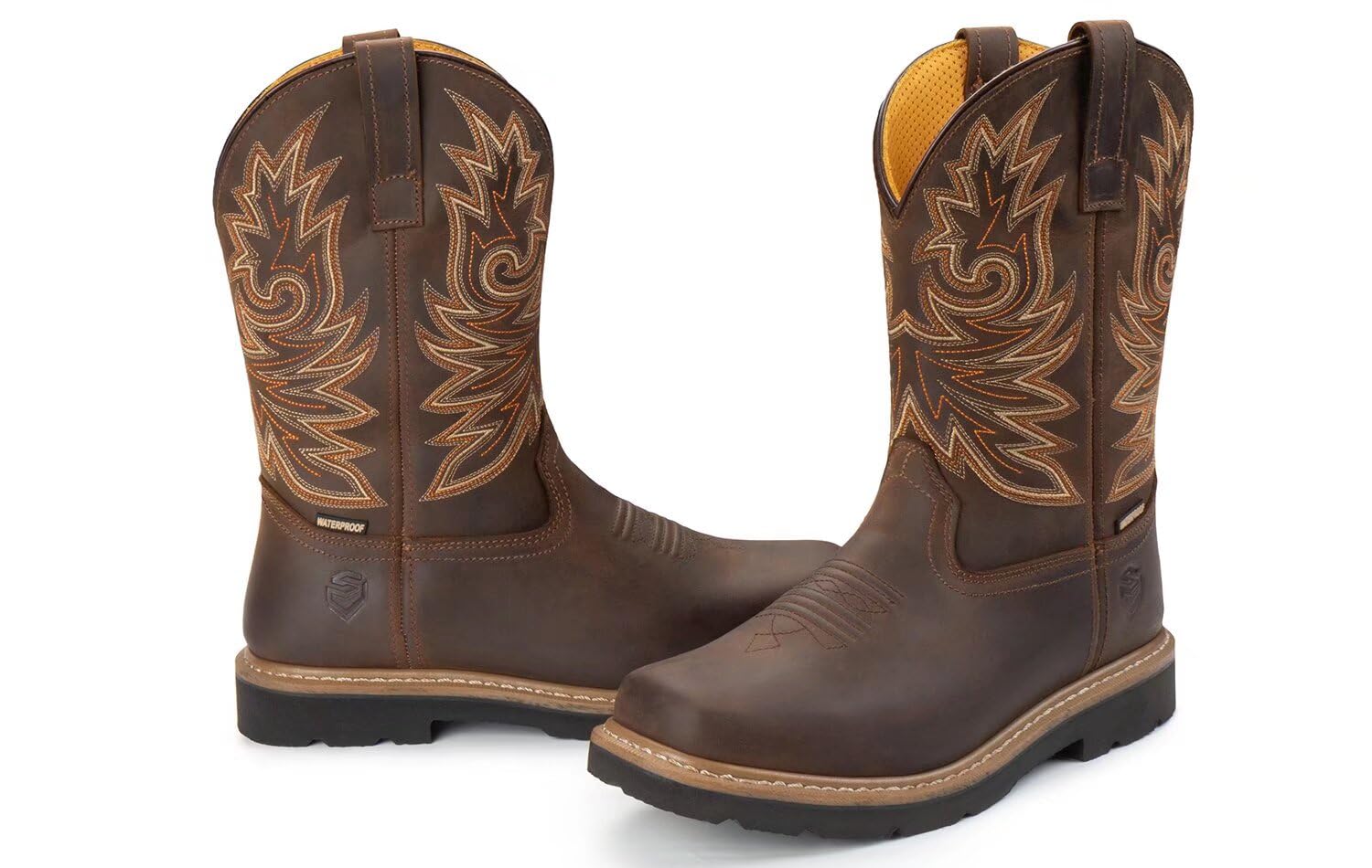 SUREWAY Men's Western Cowboy Boots - Waterproof Square Toe Work Boots, Soft Toe, Oil & Slip Resistant, Thick Leather, Rubber Sole, Comfortable Durable Work Shoes with Embroidered Design | Ideal for Ranch Work, Outdoor Activities & Country Style Fashion