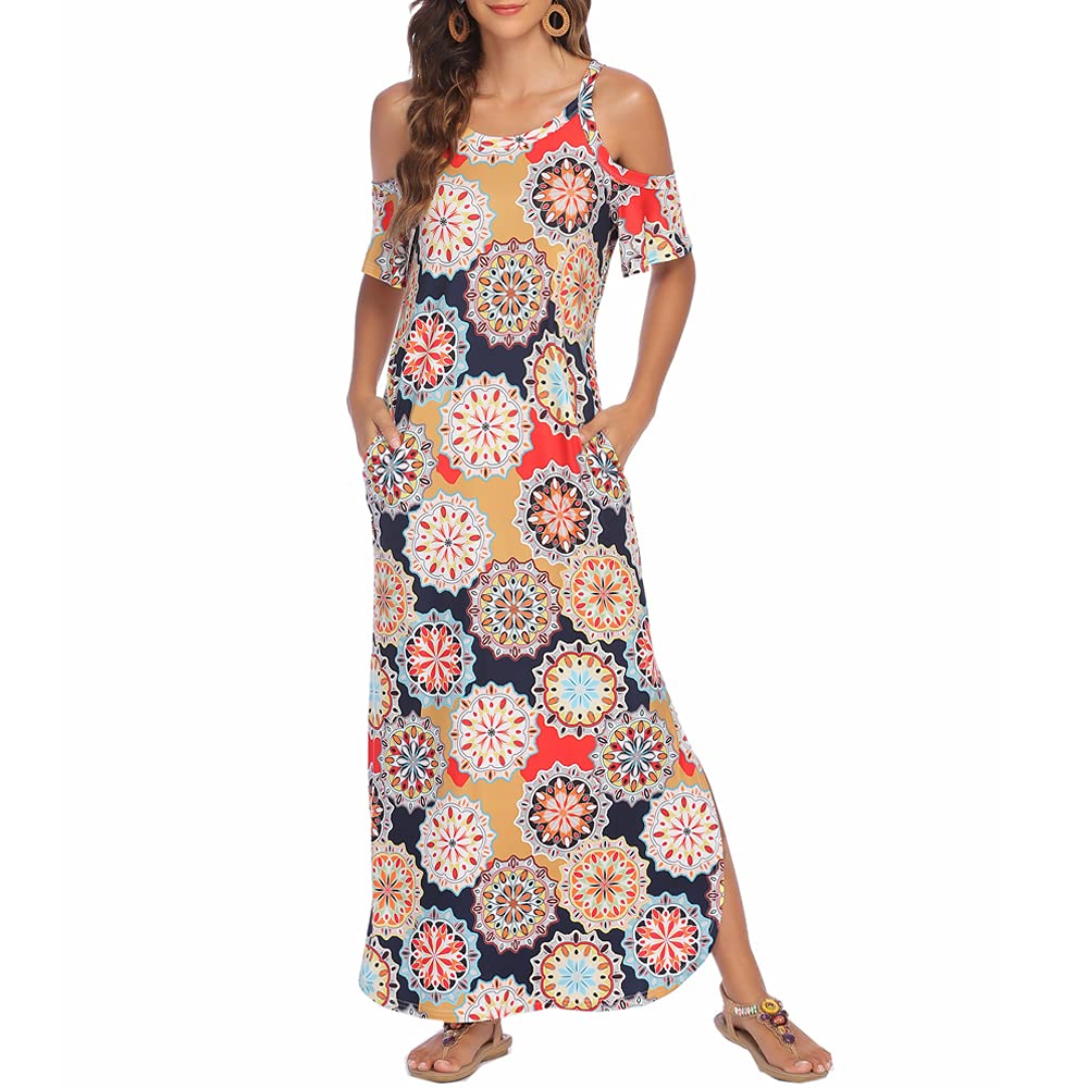Sherosa Women's Summer Maxi Dress - Cold Shoulder Loose Long Beach Dress with Pockets & Side Slit | Casual Boho Chic Outfit for Vacations, Beach Parties & Date Nights
