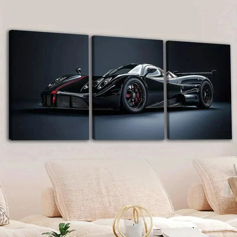 3-Piece Abstract Black Sports Car Racing Wall Art Set - Framed Canvas 50x70cm (20x28in) - High Quality Print - 100% Australian Made - Ready to Hang - Perfect for Man Cave, Game Room, Office or Garage Decor