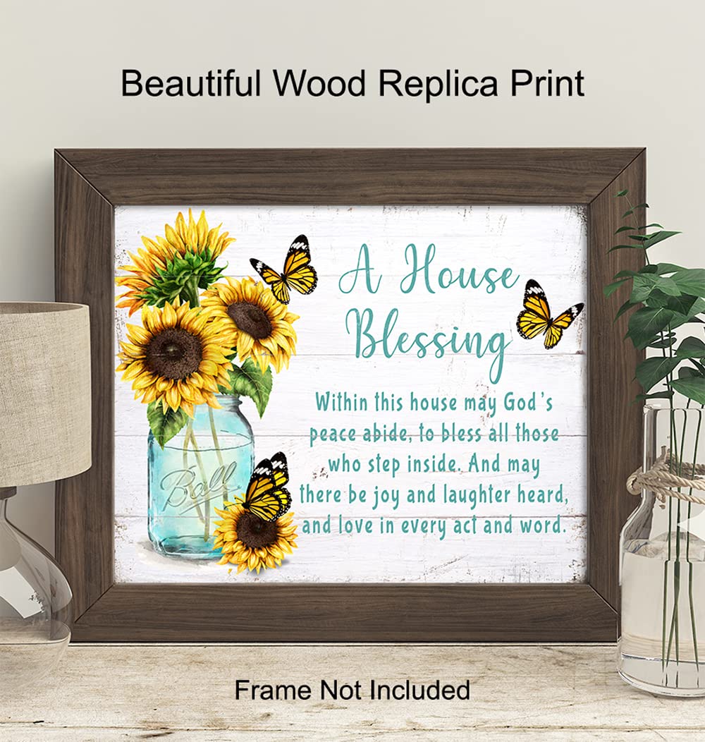 Christian House Blessing Gifts for Women - Religious Housewarming Wall Art with Sunflower & Butterfly Design - Rustic Country Bible Verse Decor - Inspirational Home Decor for Living Room, Bedroom & Office