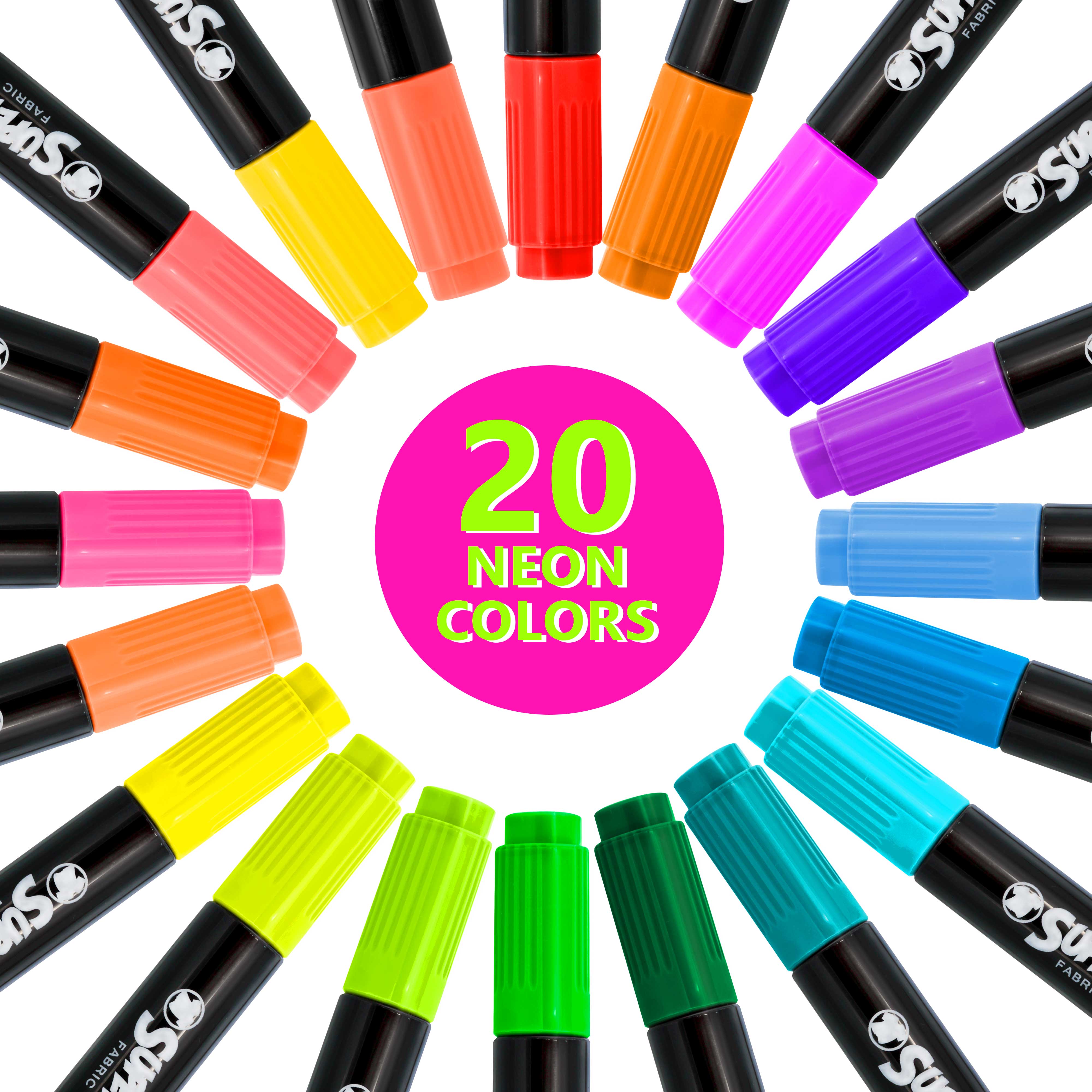60 Dual Tip Fabric Markers Set - Super Markers with Chisel & Fine Point Tips in Primary, Pastel & Neon Colors - Perfect for DIY T-Shirt Designs, Fabric Crafts & Art Projects