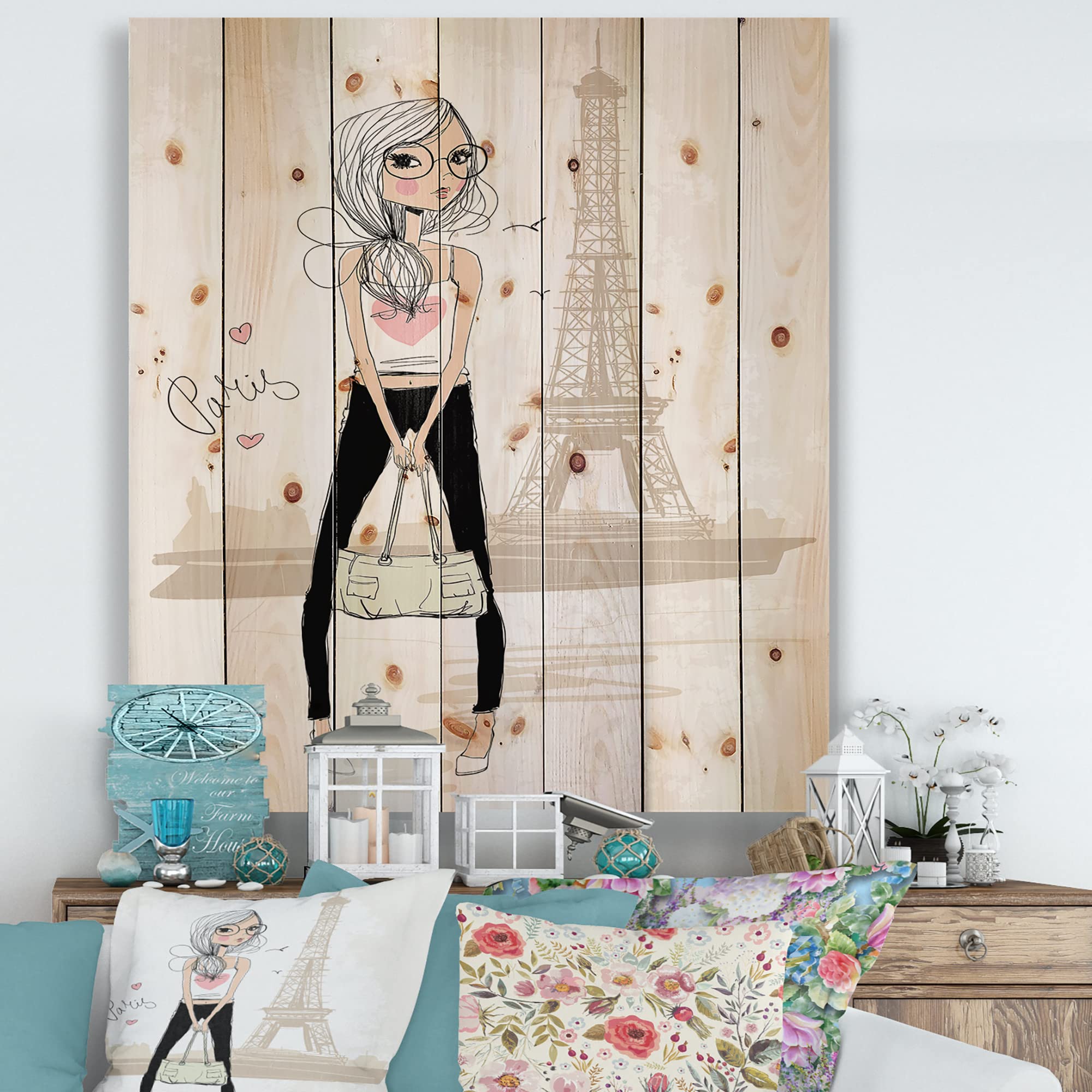DesignQ Paris Eiffel Tower Girl Wood Wall Art for Kids' Room Decor