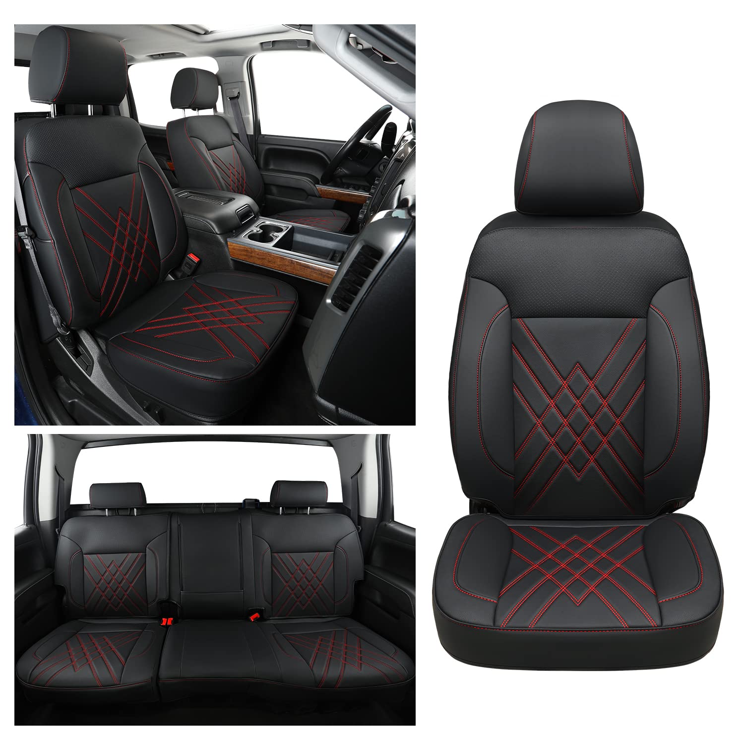 LUCKYMAN CLUB Custom Seat Covers Full Set for 2014-2018 Chevy Silverado & GMC Sierra 1500/2500/3500 Trucks - Fits LT, LTZ, RST, Work Truck Trims (Black & Red) - Perfect for Work, Off-Road & Daily Driving Protection