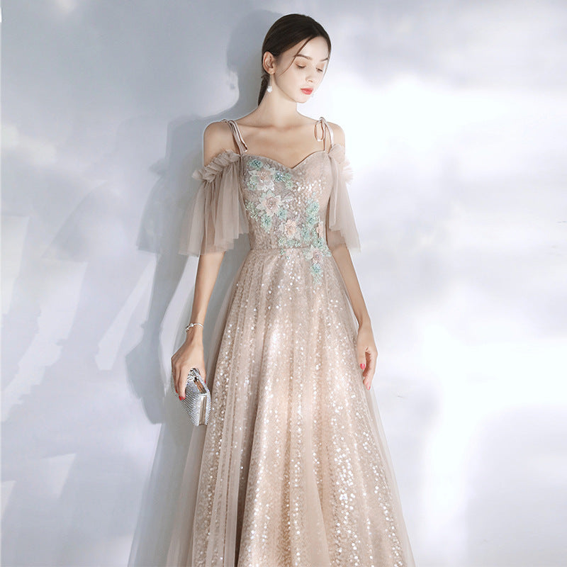 Elegant Off Shoulder Champagne Prom Dress - Shiny Formal Evening Gown for Homecoming, Wedding, Party & Special Occasions