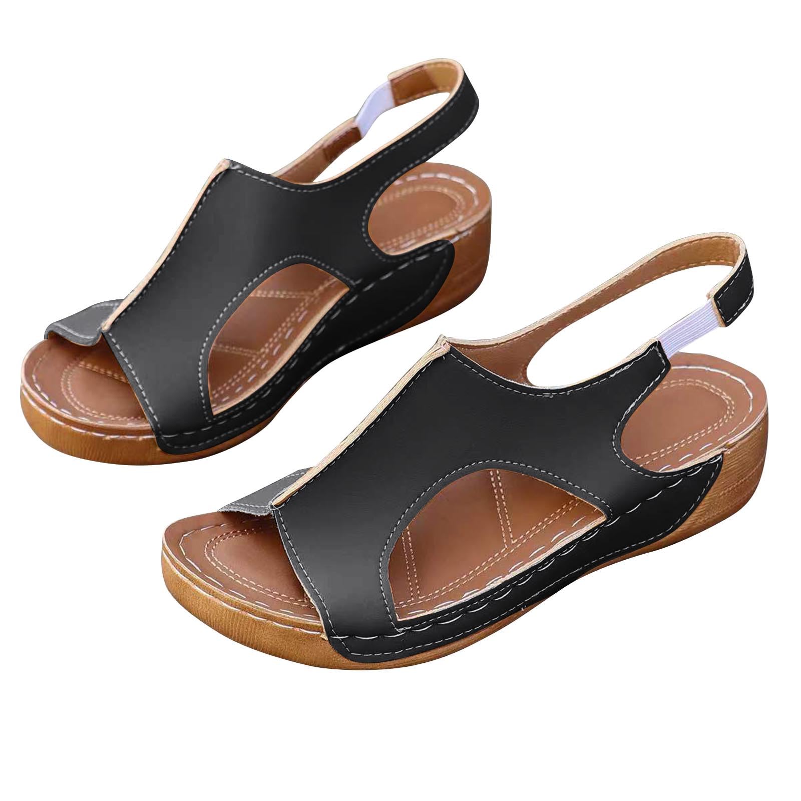 Oelaio Women's Summer Wedge Sandals - Fish Mouth Design, Solid Color, Large Size with Buckle Closure (Black, Size 6) | Perfect for Beach, Vacation & Casual Outings