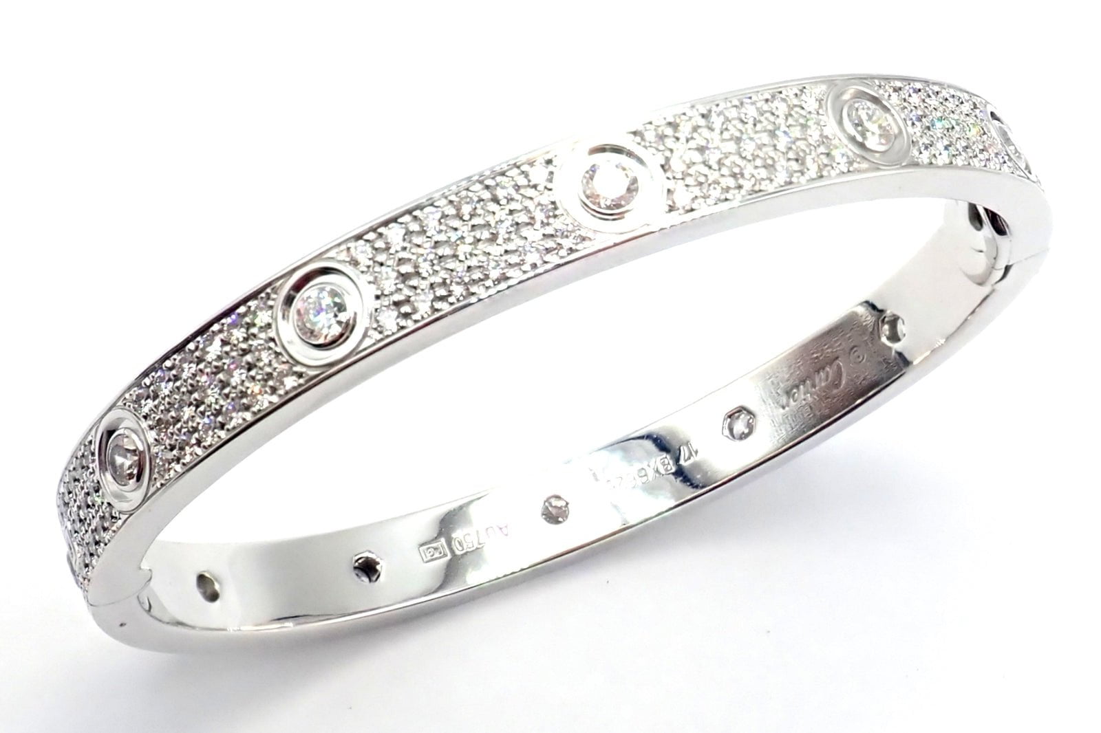 Authentic Cartier Love 18K White Gold Diamond Pave Bangle Bracelet Size 17 - Luxury Jewelry Gift for Women, Anniversary & Special Occasions