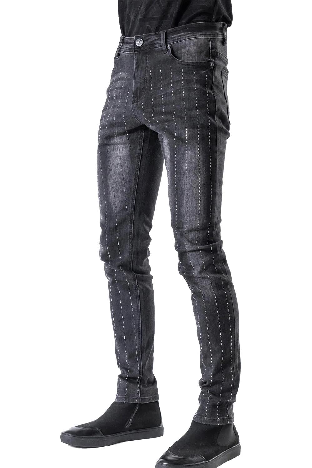 Barabas Men's Slim Fit Rhinestone Black Denim Jeans SN8888 - Stylish Skinny Stretch Pants for Night Out, Party & Casual Wear