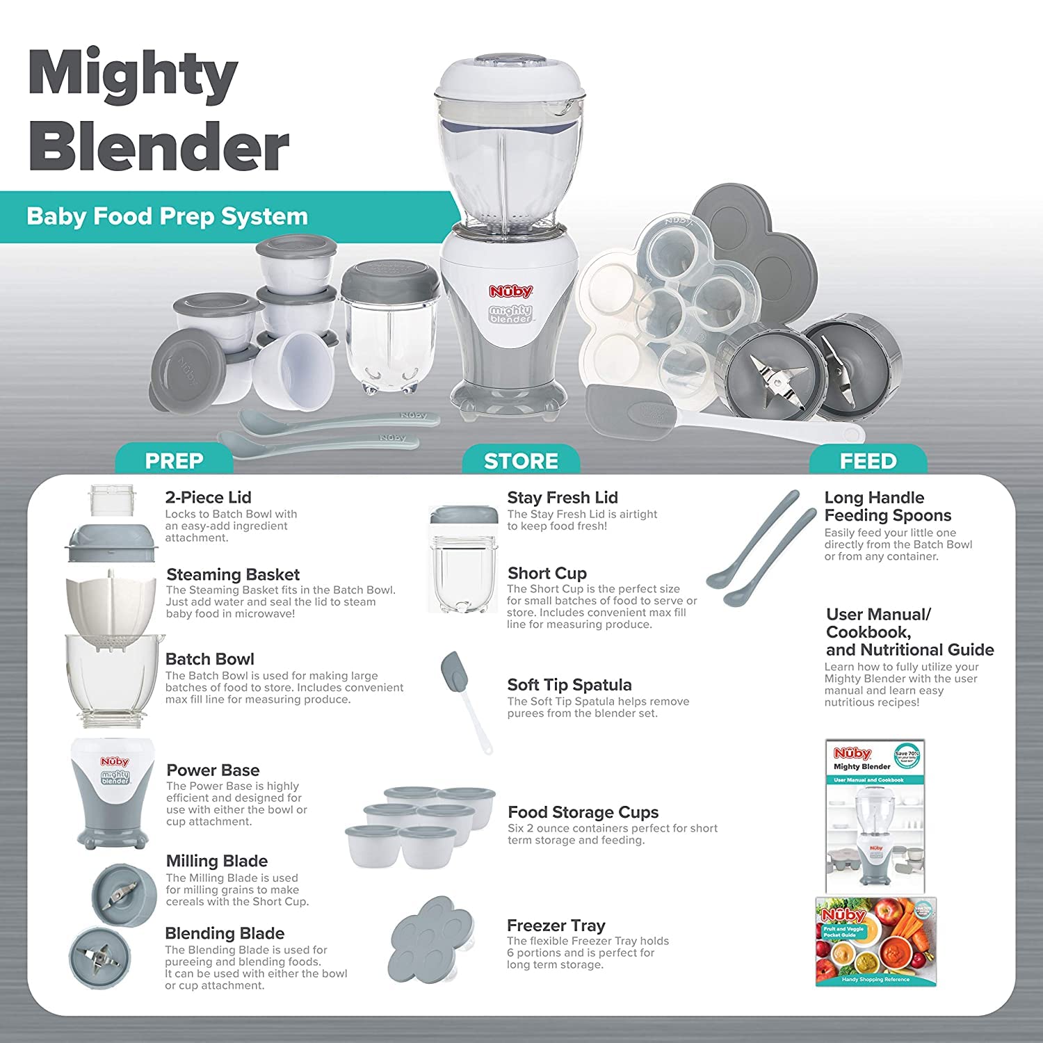 Nuby Mighty Blender with Cookbook - 22-Piece Baby Food Maker Set for Different Weaning Stages - Cool Gray Design - Perfect for Homemade Purees, Smoothies & Healthy Baby Meals