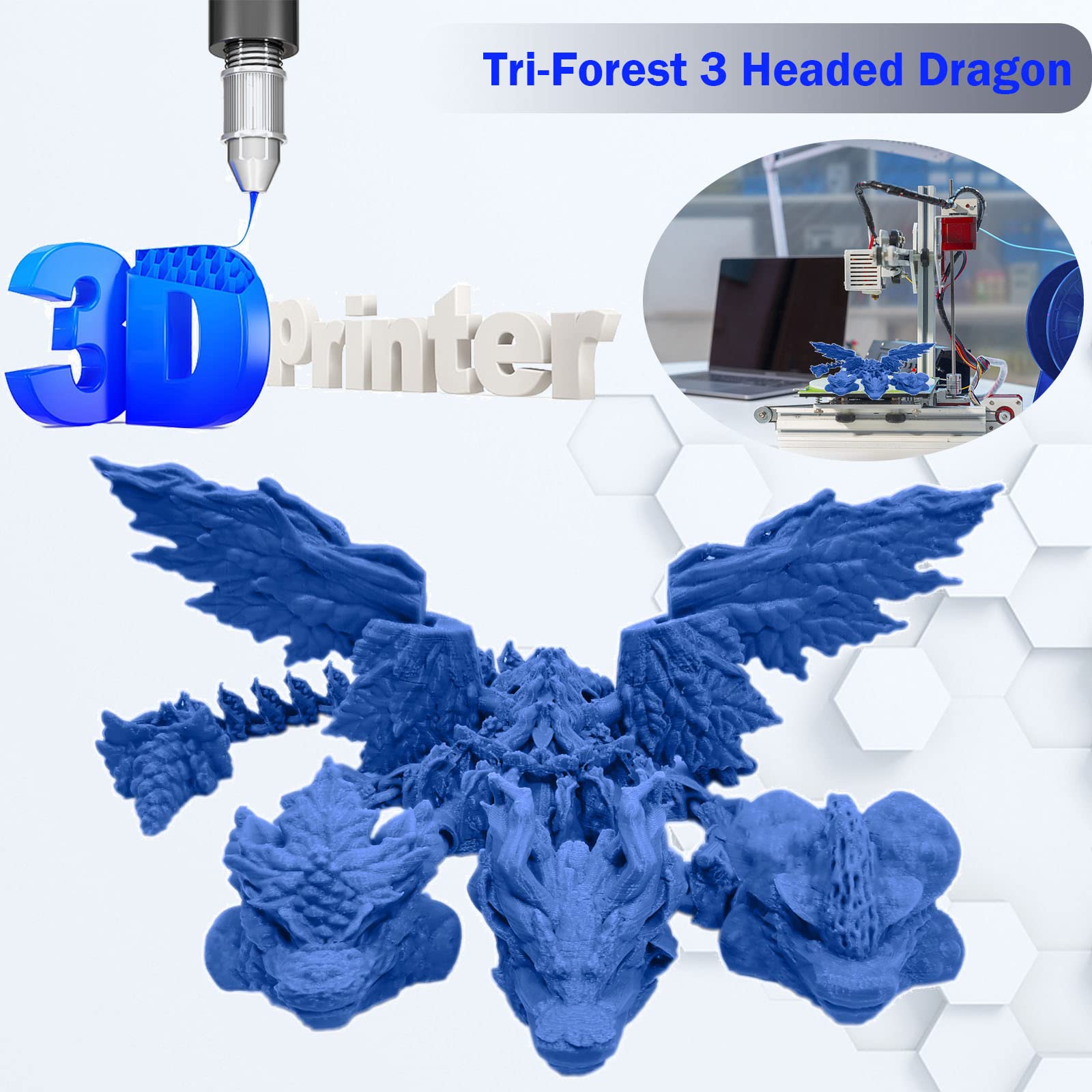 3D Printed Articulated Three-Headed Dragon Toy - Ancient Mythical Beast Monster with Deformable Joints, Anti-Stress Action Figure for Collectors (Sea Blue, 15.7 Inch) - Perfect for Home Decor, Fantasy Collectibles, and Stress Relief Gifts