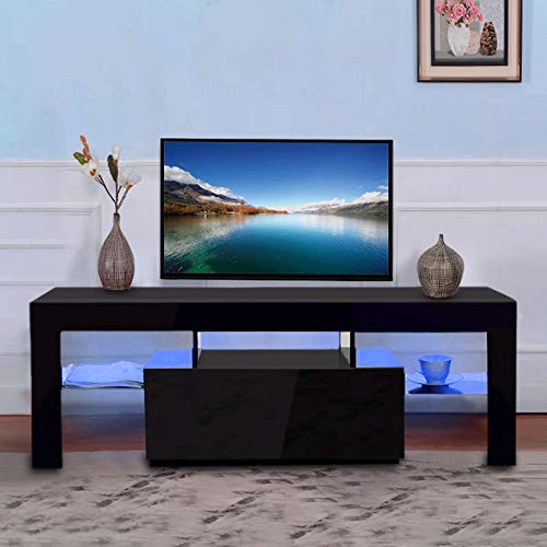 Modern Simple TV Stand with LED Lights, Entertainment Center Console Table for Living Room - Fits 51 Inch Flat Screen TV (Black) | Perfect for Home Theater Setup & Living Room Decor