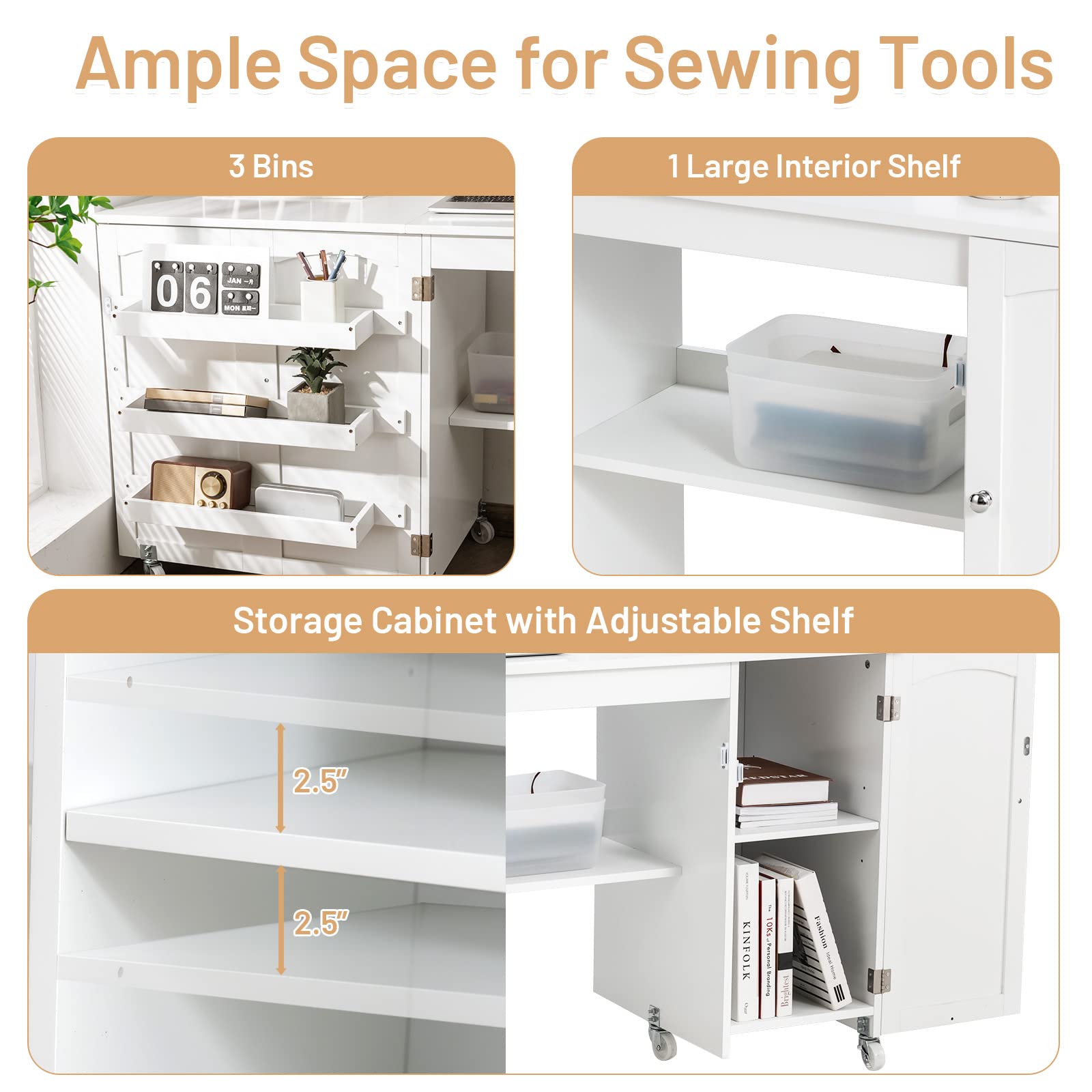 Giantex Folding Sewing Craft Table with 3 Storage Bins & Side Cabinet - Adjustable Rolling Sewing Machine Desk with Lockable Wheels & Interior Shelf - Perfect for Small Spaces, Apartments & Craft Rooms - White