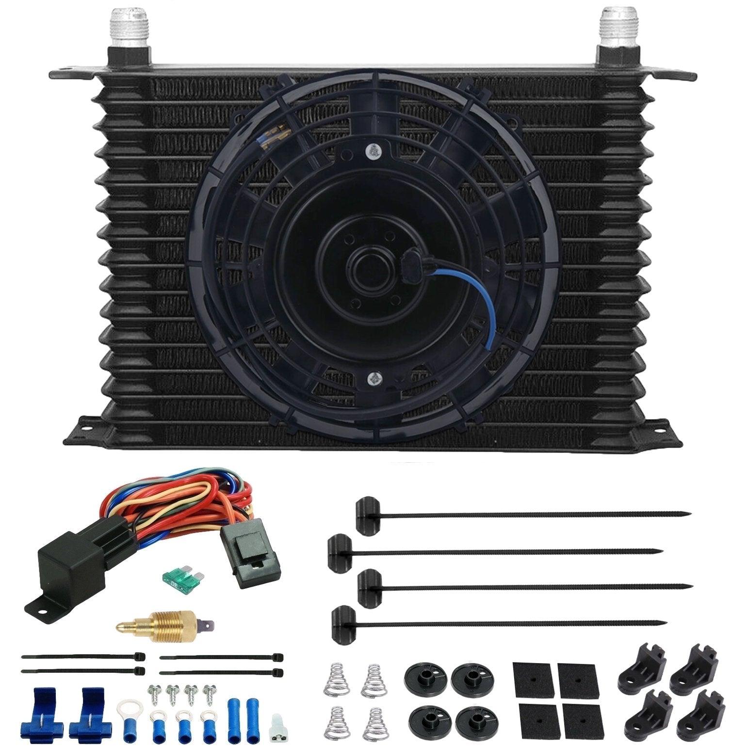 15 Row Transmission Oil Cooler with Electric Fan & Thermo Temp Switch - Heavy Duty Cooling for Trucks, RVs & Performance Vehicles
