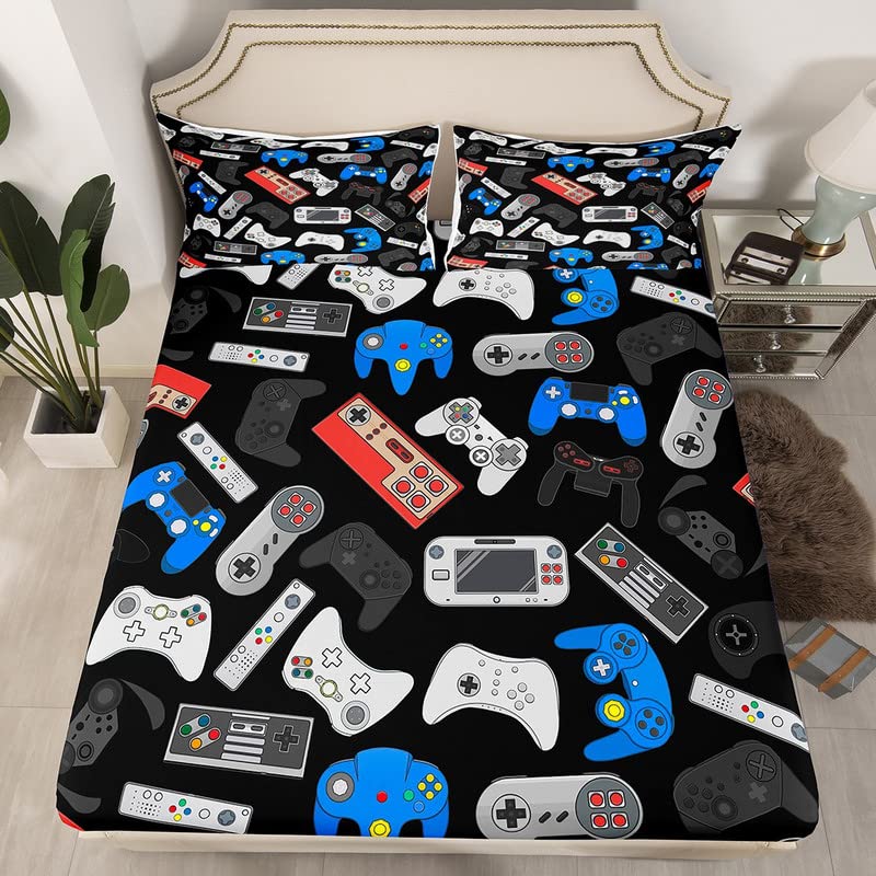 Boys Gaming Bed Sheets Set - Queen Size Soft & Cozy Video Game Themed Bedding for Kids & Teens | Includes Fitted Sheet, Flat Sheet & Pillowcase | Perfect for Gamer Bedroom Decor & Game Room | Easy Wash & Durable