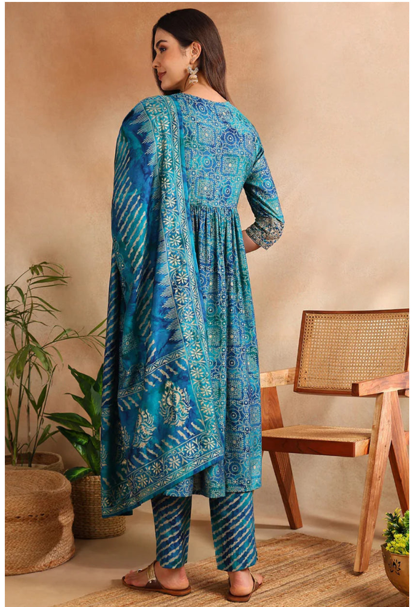 Teal Silk Blend Ethnic Motifs Printed Flared Kurta Set for Women | Indian Traditional Outfit | Perfect for Festivals, Weddings & Cultural Events