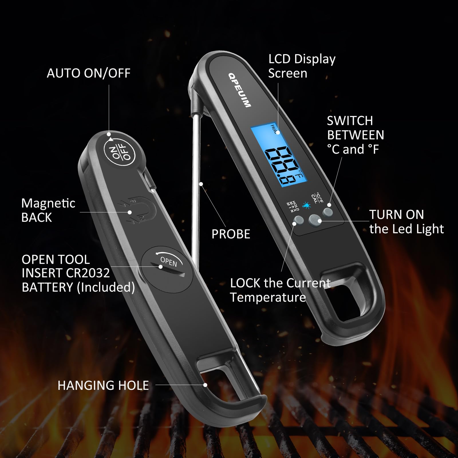 QPEUIM Digital Meat Thermometer - Instant Read Kitchen Thermometer for Cooking, BBQ, Grilling, Smoking & Candy Making with Backlight & Magnet - Perfect for Oil Deep Frying, Roasts, Baking & Outdoor Grilling