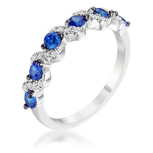 18Ct Rhodium & Hematite Plated S-Shaped Sapphire Blue & Clear CZ Half Eternity Band Ring for Women - Perfect for Weddings, Anniversaries & Special Occasions
