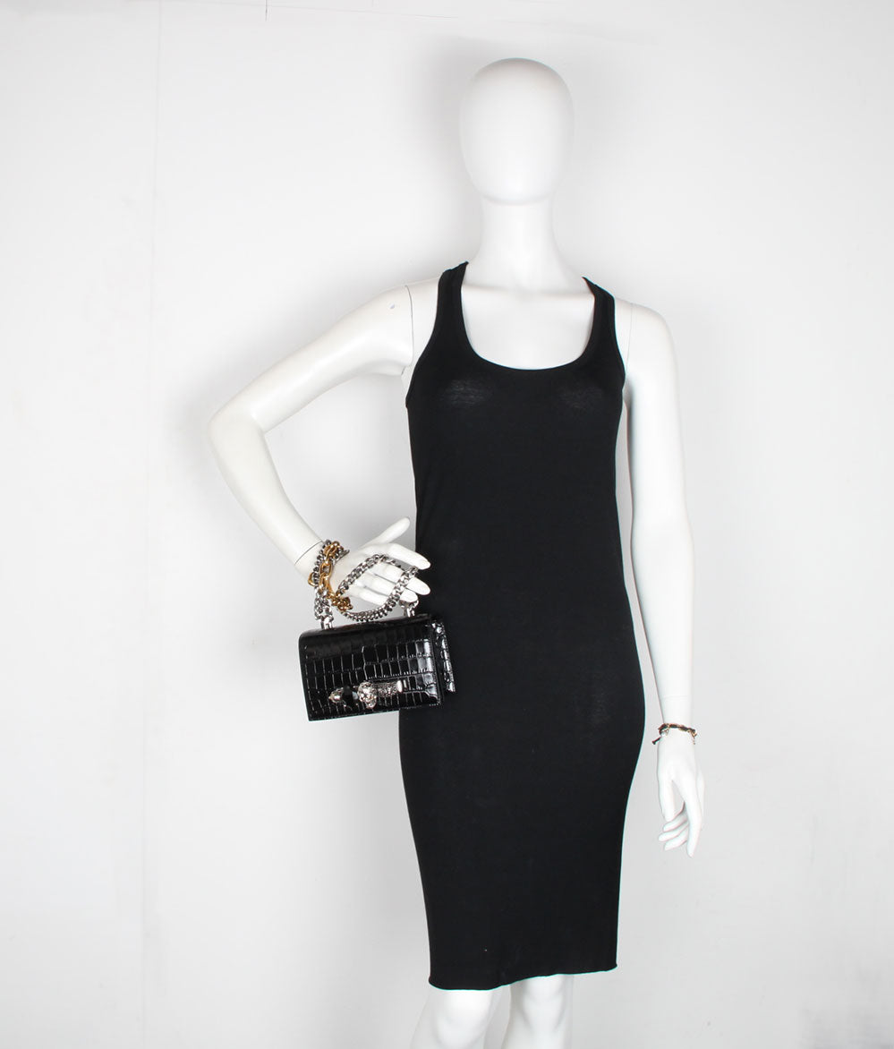 Stylish Crocodile Embossed Black Mini Knuckle Satchel with Jewel Accents - Perfect for Evening Parties, Date Nights & Special Occasions