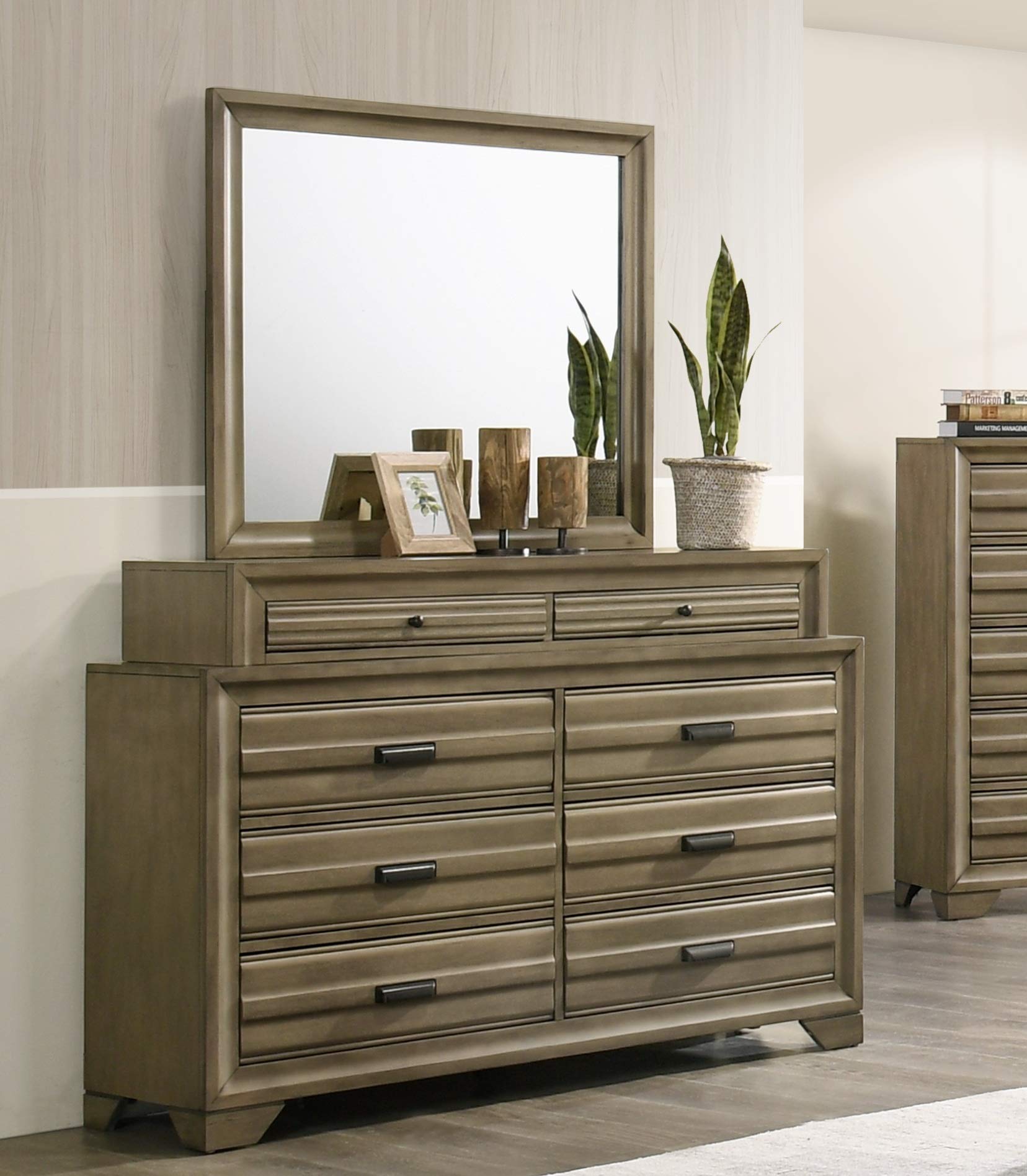 Roundhill Furniture Loiret Wood Storage Platform Queen Bedroom Set with Dresser, Mirror, 2 Nightstands & Chest - Light Gray Finish - Modern Bedroom Furniture for Small Spaces & Guest Rooms