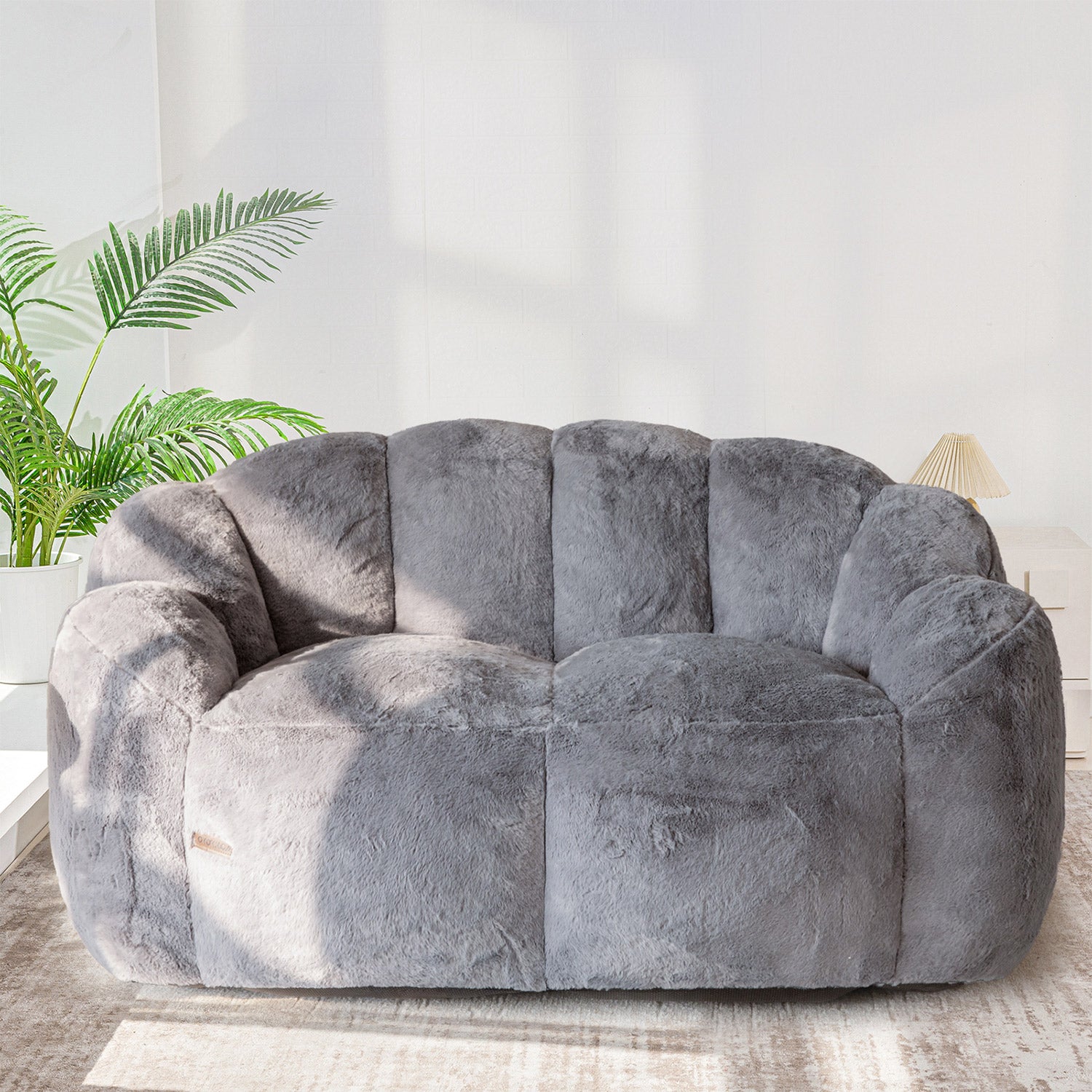 MAXYOYO Ultra Soft Faux Fur Bean Bag Chair - Double Size Loveseat with Floral Petal Back Design for Adults & Teens, Dark Grey - Perfect for Living Rooms, Bedrooms, Dorms & Game Rooms