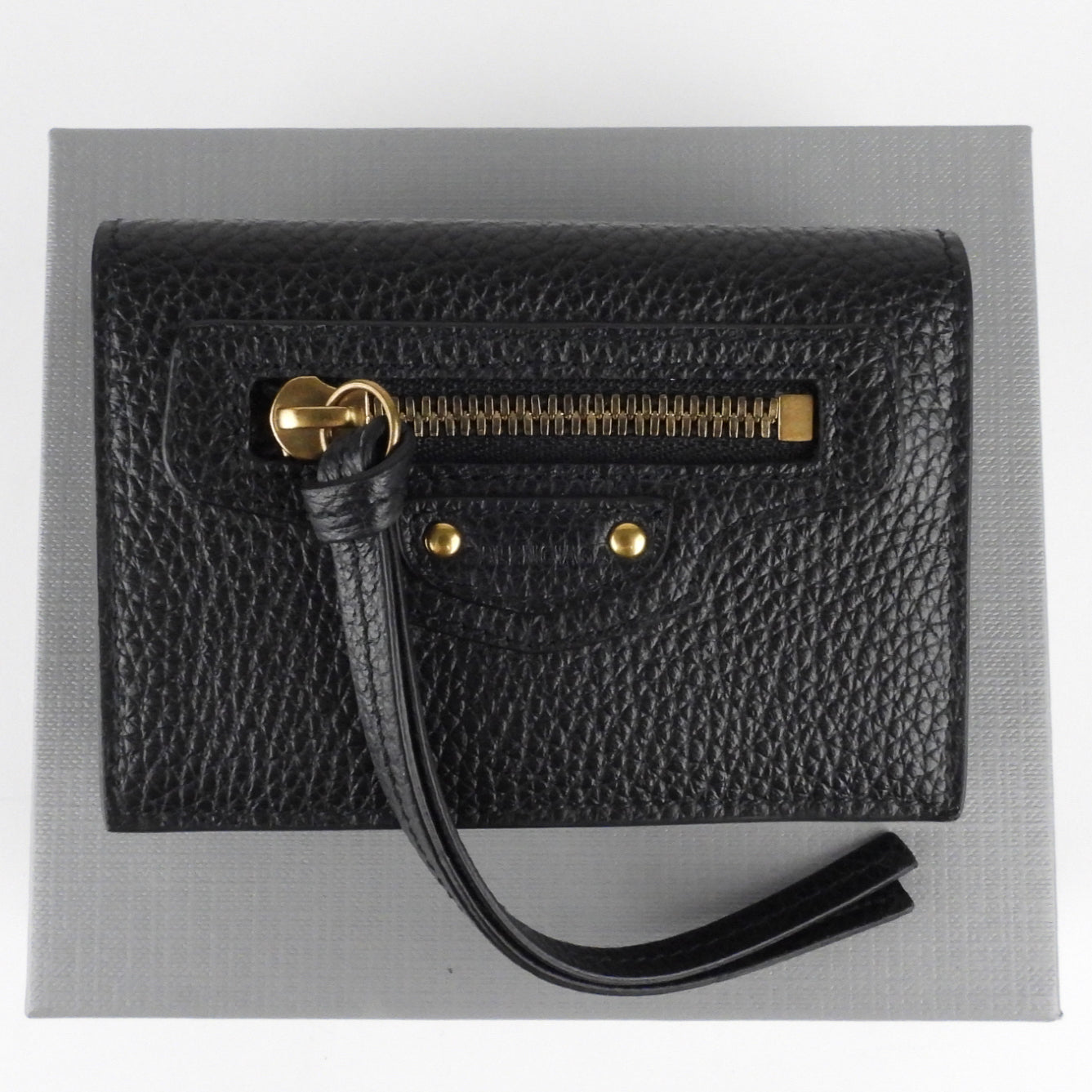 Balenciaga Black Grained Leather Neo City Tri Fold Mini Wallet for Women - Luxury Compact Card Holder & Cash Organizer - Perfect for Everyday Use, Travel, and Gifts