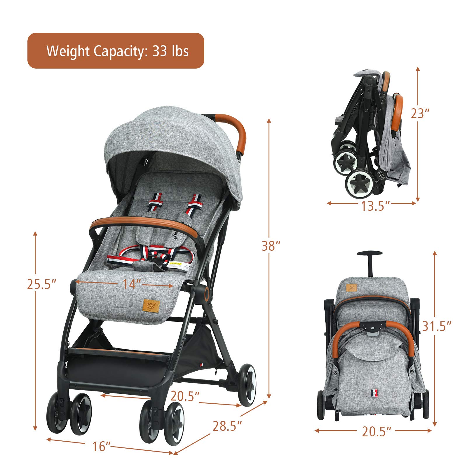 BABY JOY Lightweight Compact Baby Stroller for Travel - Airplane Approved Infant Stroller with 5-Point Safety Harness, Adjustable Backrest & Canopy, Storage Basket | Easy One-Hand Fold Gray Stroller for Newborns & Toddlers | Perfect for Air Travel, Shopping & Daily Walks