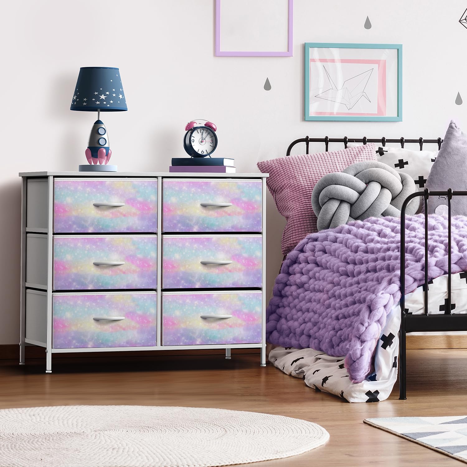 Sorbus 6-Drawer Kids Dresser with Wood Top & Tie-Dye Fabric Bins - Sturdy Steel Frame Storage Organizer for Bedroom, Nursery, Closet - Perfect for Clothes, Toys & Baby Essentials Organization