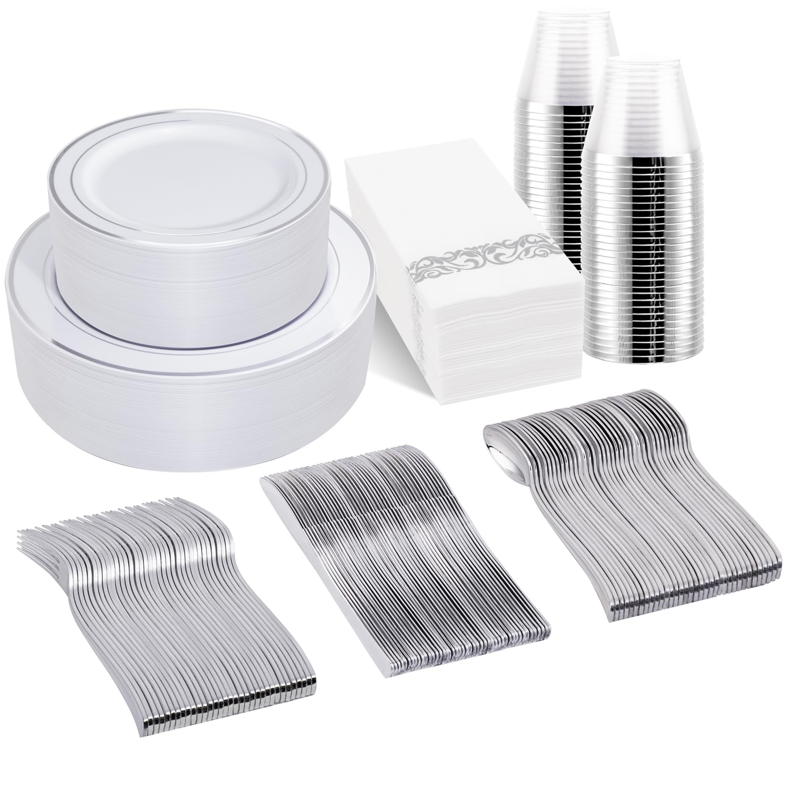 350PCS Silver Plastic Dinnerware Set for 50 Guests - Disposable Silver Plates, Forks, Knives, Spoons, Cups & Napkins for Party, Wedding, Christmas & Events | Elegant & Convenient Tableware Solution