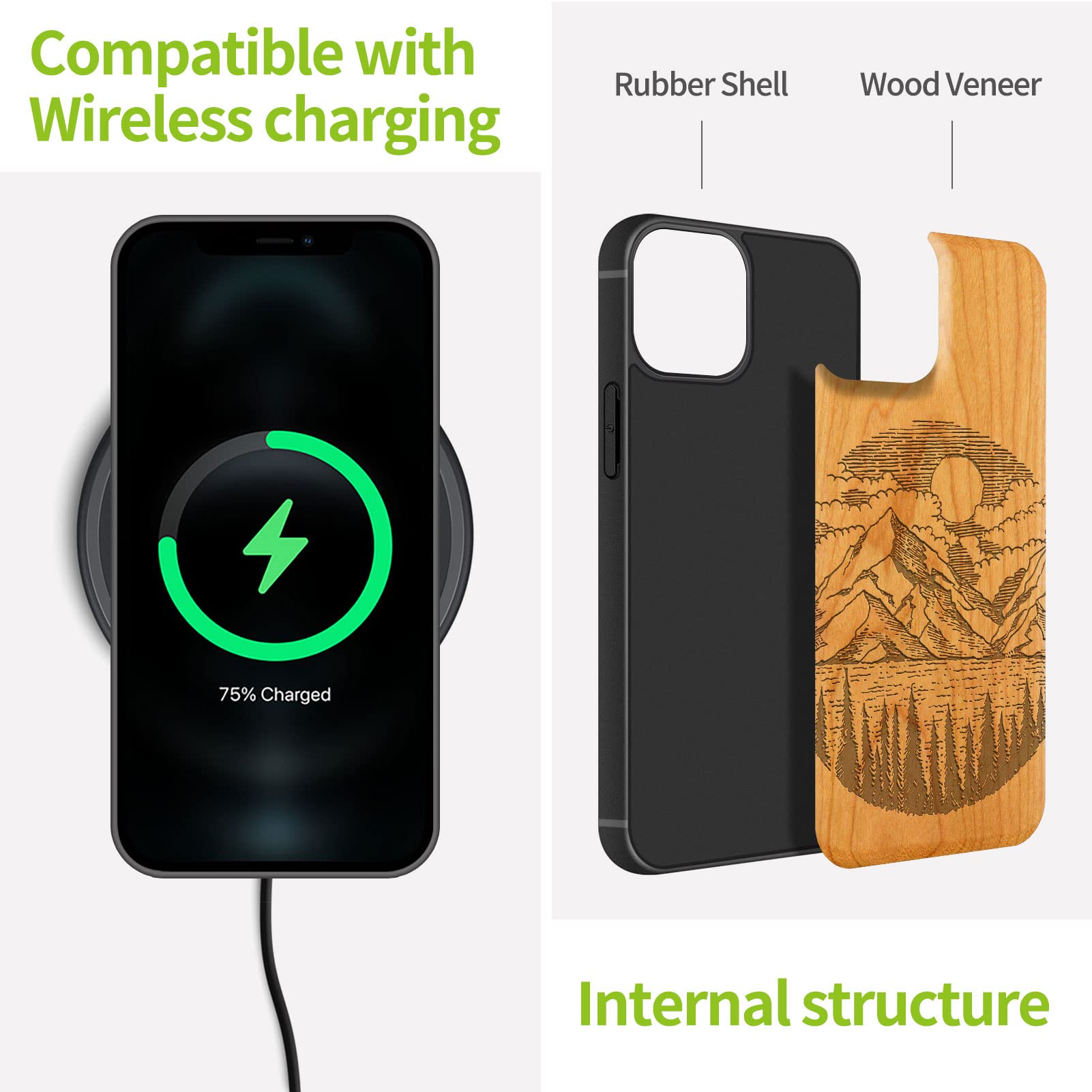 Premium Magnetic Wooden Case for iPhone 13 - Natural Cherry Wood & Shockproof TPU Bumper - Slim Protective Cover with MagSafe Compatibility - Perfect for Outdoor Adventures & Business Meetings (Alpine Lake Carving Design)