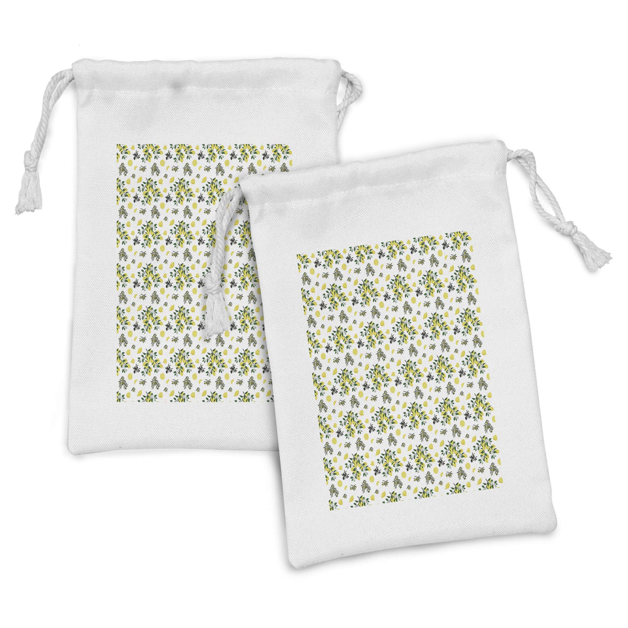 Ambesonne 2-Pack Botanical Fabric Pouches - Farmhouse Olive & Lemon Tree Print Drawstring Bags (9