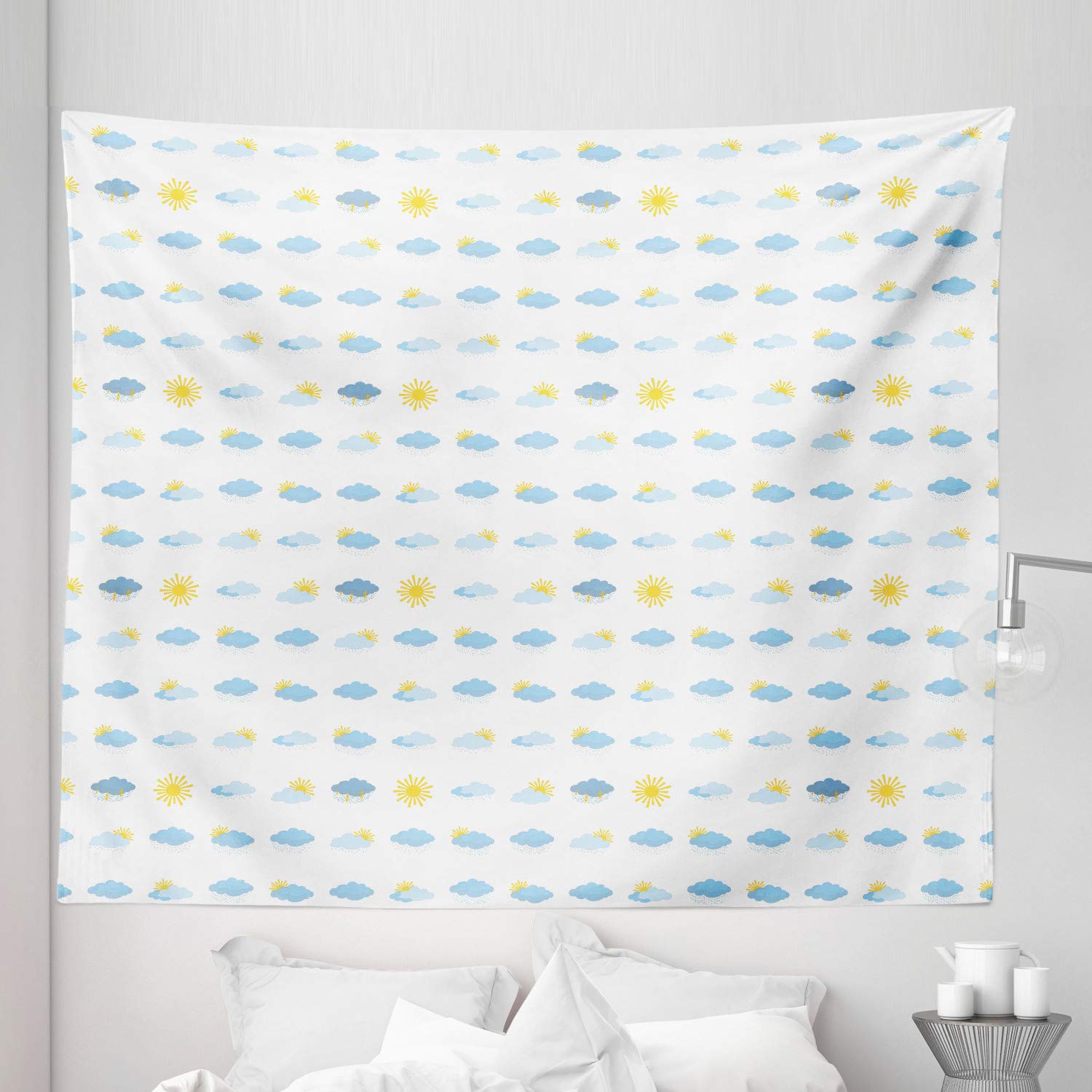Ambesonne King Size Tapestry - Blue & Yellow Clouds Sun Design for Wall Decor & Bedspread - 104x88 Inches