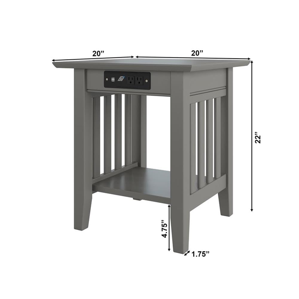 AFI Mission Solid Hardwood End Table with USB Charger - Set of 2, 20 Inch, Grey - Perfect for Living Room, Bedroom, or Office Side Table with Convenient Charging Station