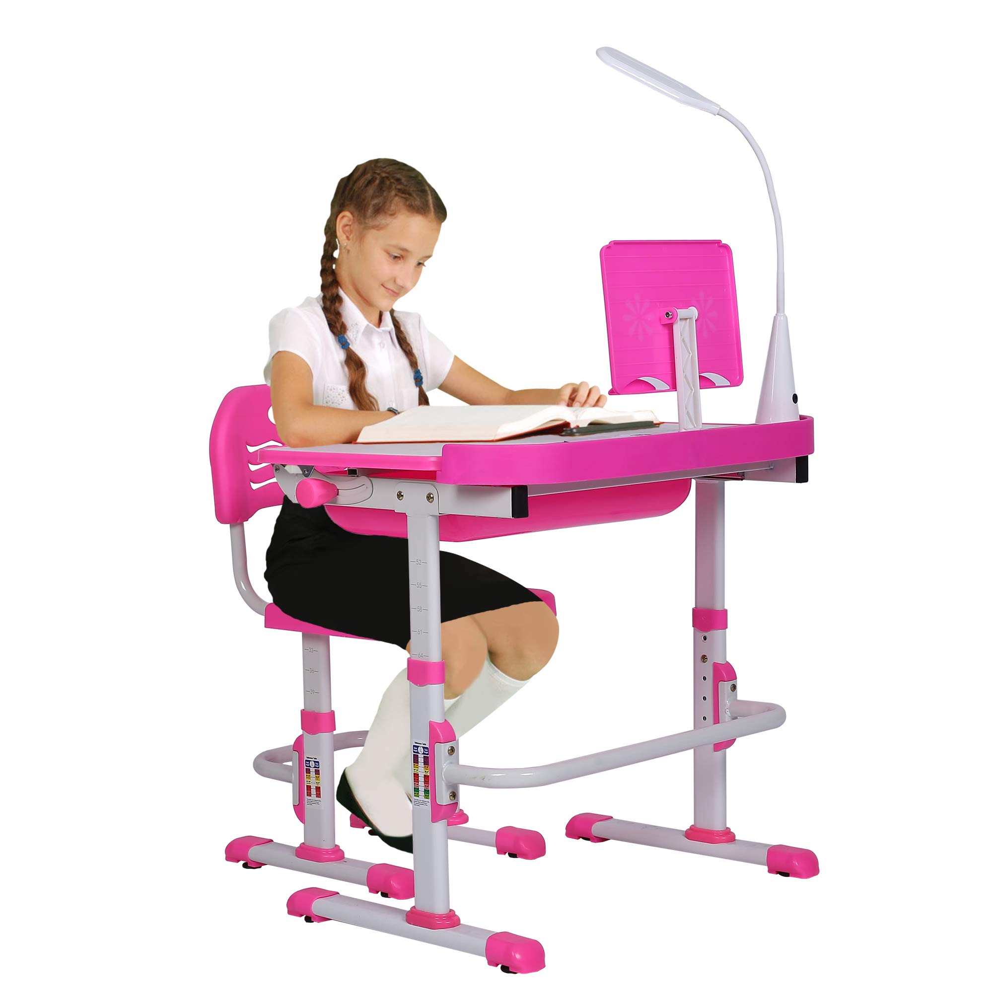 Adjustable Kids Desk and Chair Set with LED Light & Storage Drawer - Ergonomic Study Table for Children, Tilt Desktop & Book Stand - Perfect for Homework, Drawing & Online Learning (Pink)