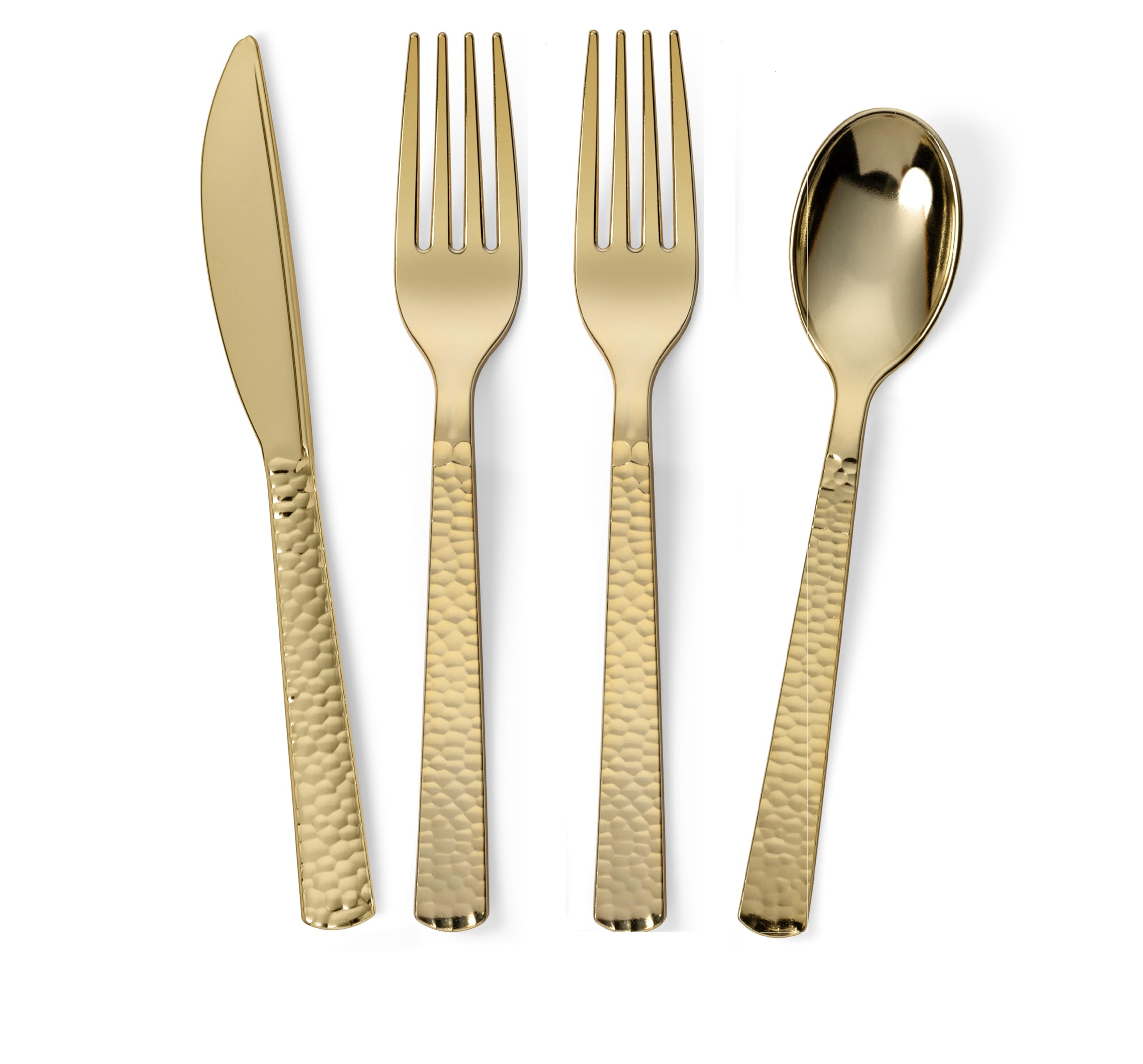 300-Piece Gold Plastic Cutlery Set - Elegant Metallic Silverware with Hammered Finish (75 Spoons, 75 Knives, 150 Forks) - Perfect for Weddings, Parties, and Special Events