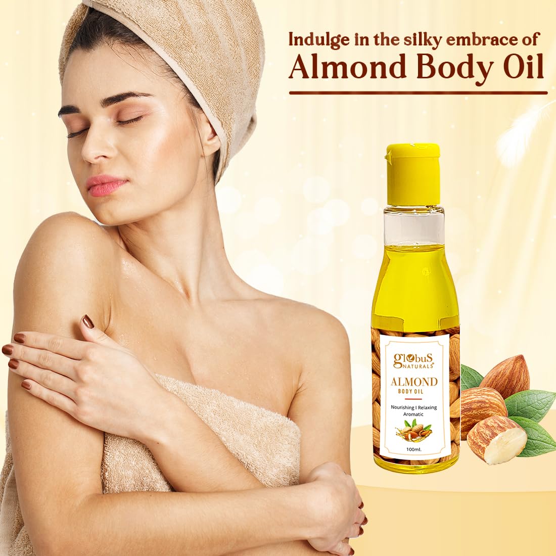 Globus Naturals Almond Body Massage Oil - Nourishing, Relaxing & Aromatic with Organic Mustard, Sunflower, Wheat Germ Oil & Cow Ghee | Toxin-Free, Vegan, 100ml | Perfect for Spa, Yoga & Stress Relief