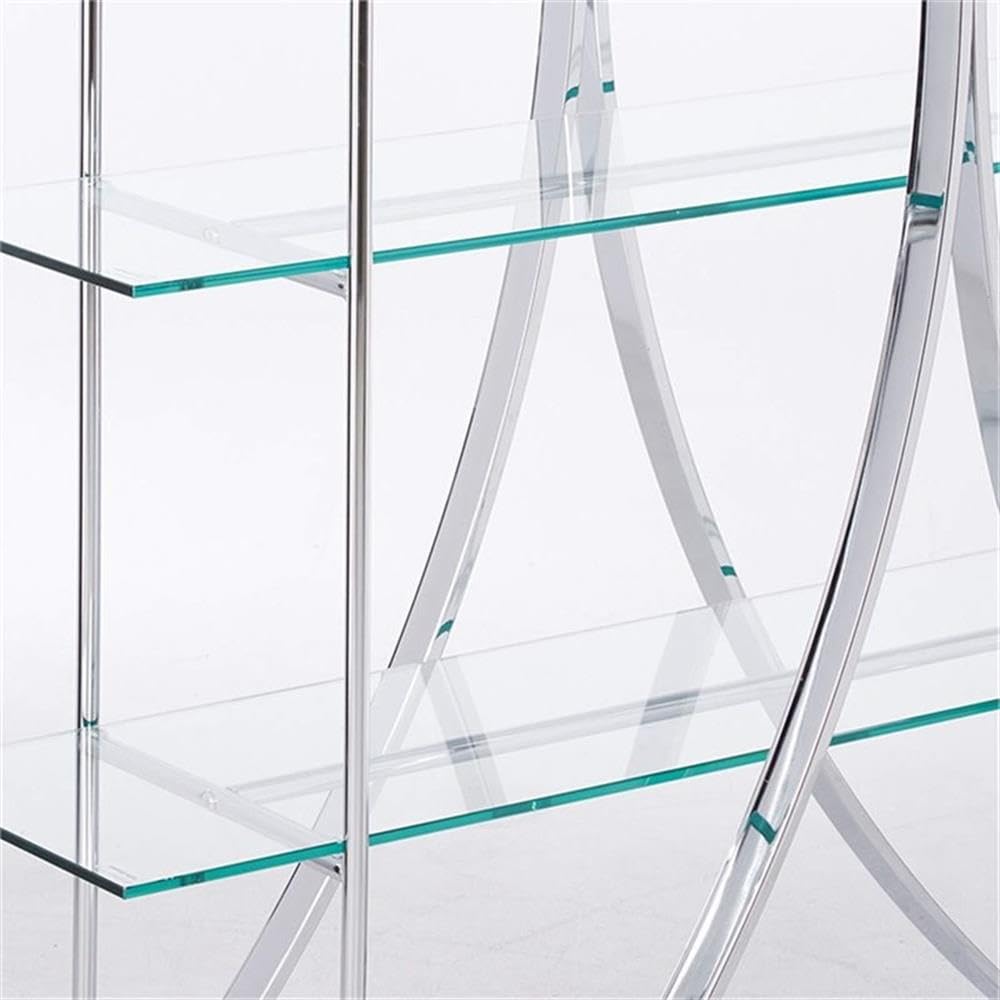 4 Shelf Floating Glass X Motif Bookcase - Chrome Finish Modern Bookshelf for Living Room, Bedroom & Office Storage