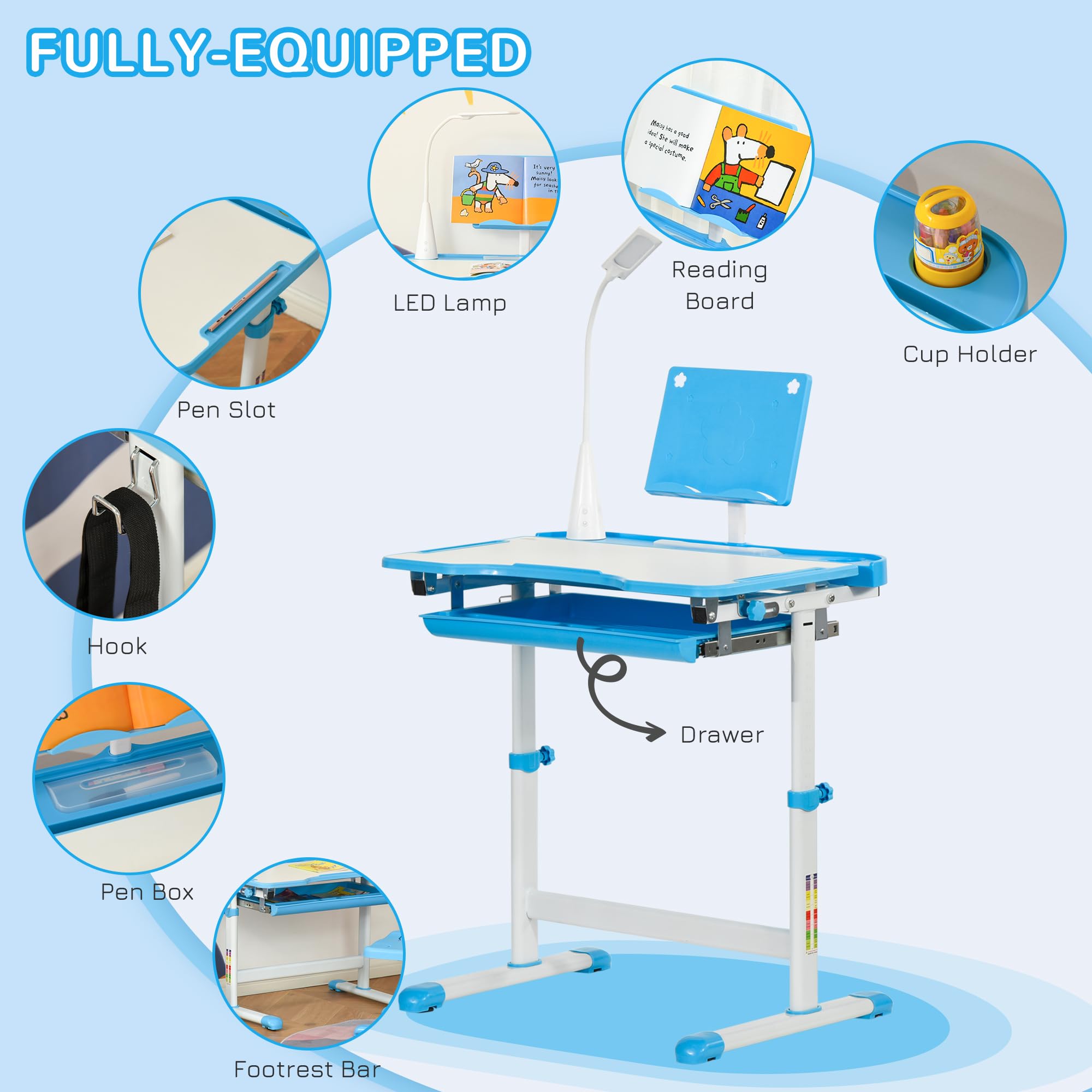 Qaba Adjustable Kids Desk and Chair Set with Tilt Desktop, USB Light & Storage Drawer - Ergonomic Study Table for Children's Homework, Drawing, Arts & Crafts (Blue & White) - Perfect for Homeschooling, Online Learning & Creative Play Spaces