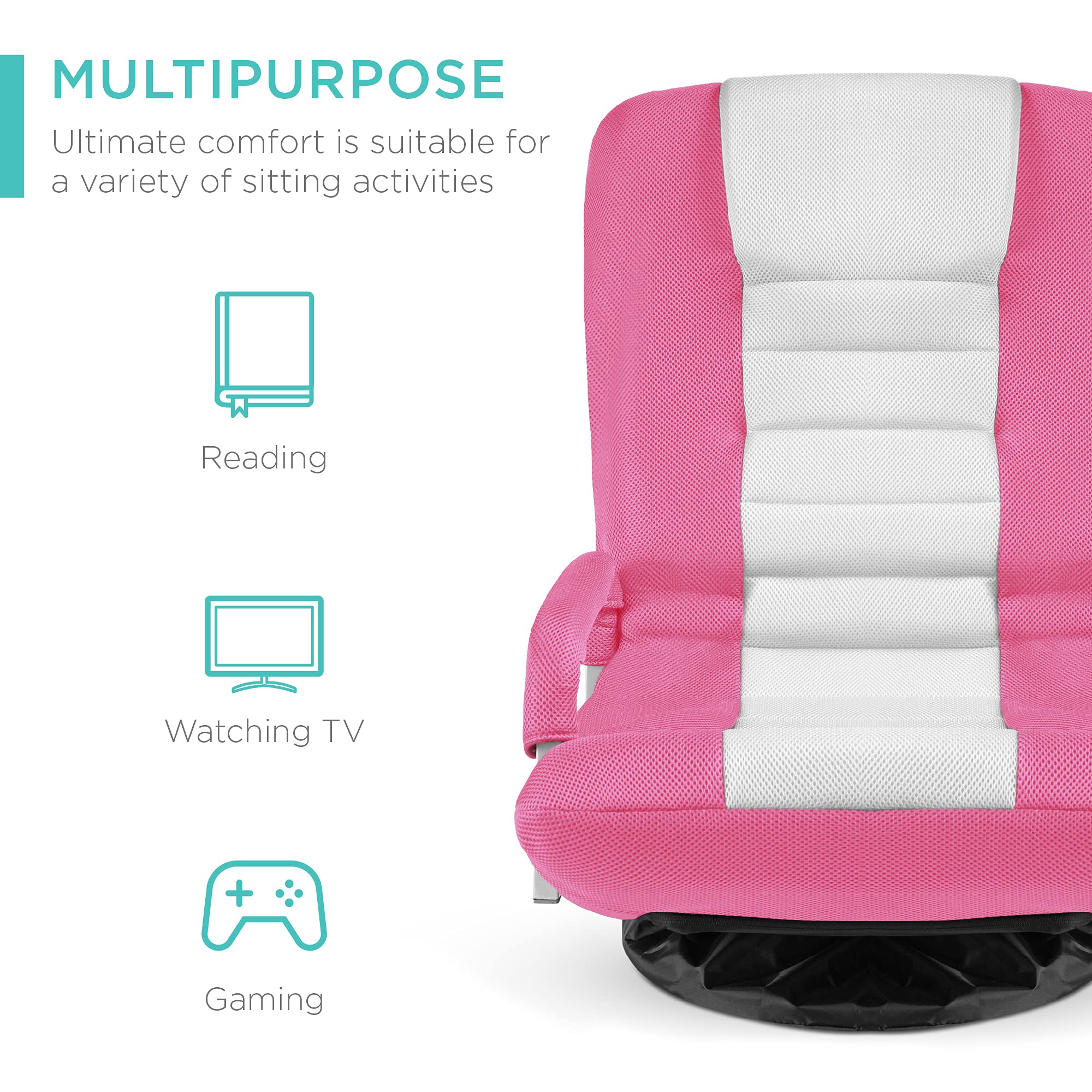 Best Choice Products 360 Degree Swivel Gaming Chair - Adjustable Foldable Backrest with Lumbar Support & Armrest Handles for Video Games, TV Watching, Reading - Multipurpose Floor Rocker Chair (Pink/White) - Perfect for Home Office, Gaming Setup & Living Room Relaxation