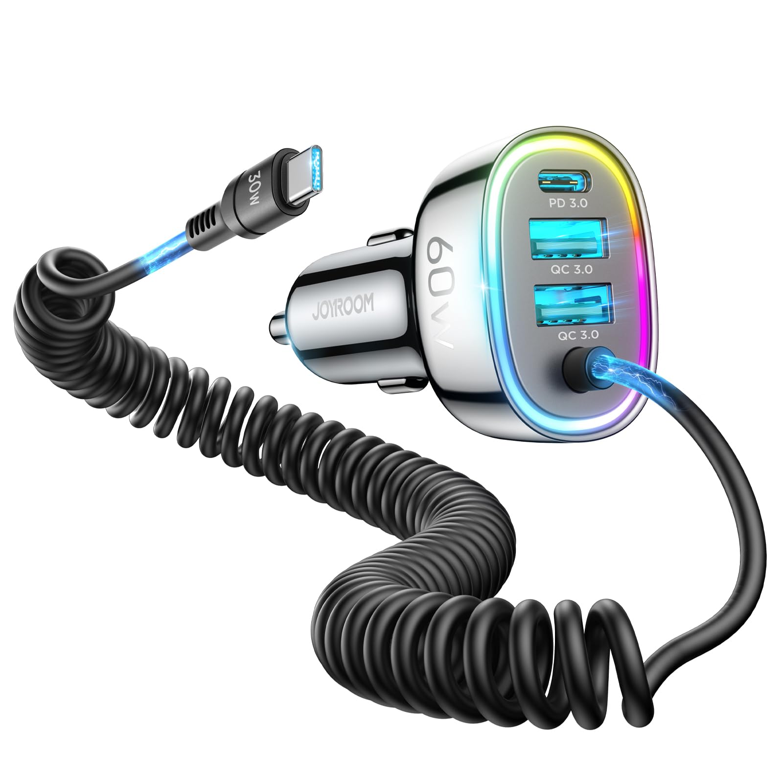 60W USB-C Car Charger with 5ft 30W Coiled Cable - Super Fast Charging for iPhone 16 Pro Max, Samsung Galaxy S24/S23, Google Pixel, iPad Pro - Perfect for Road Trips & Daily Commutes
