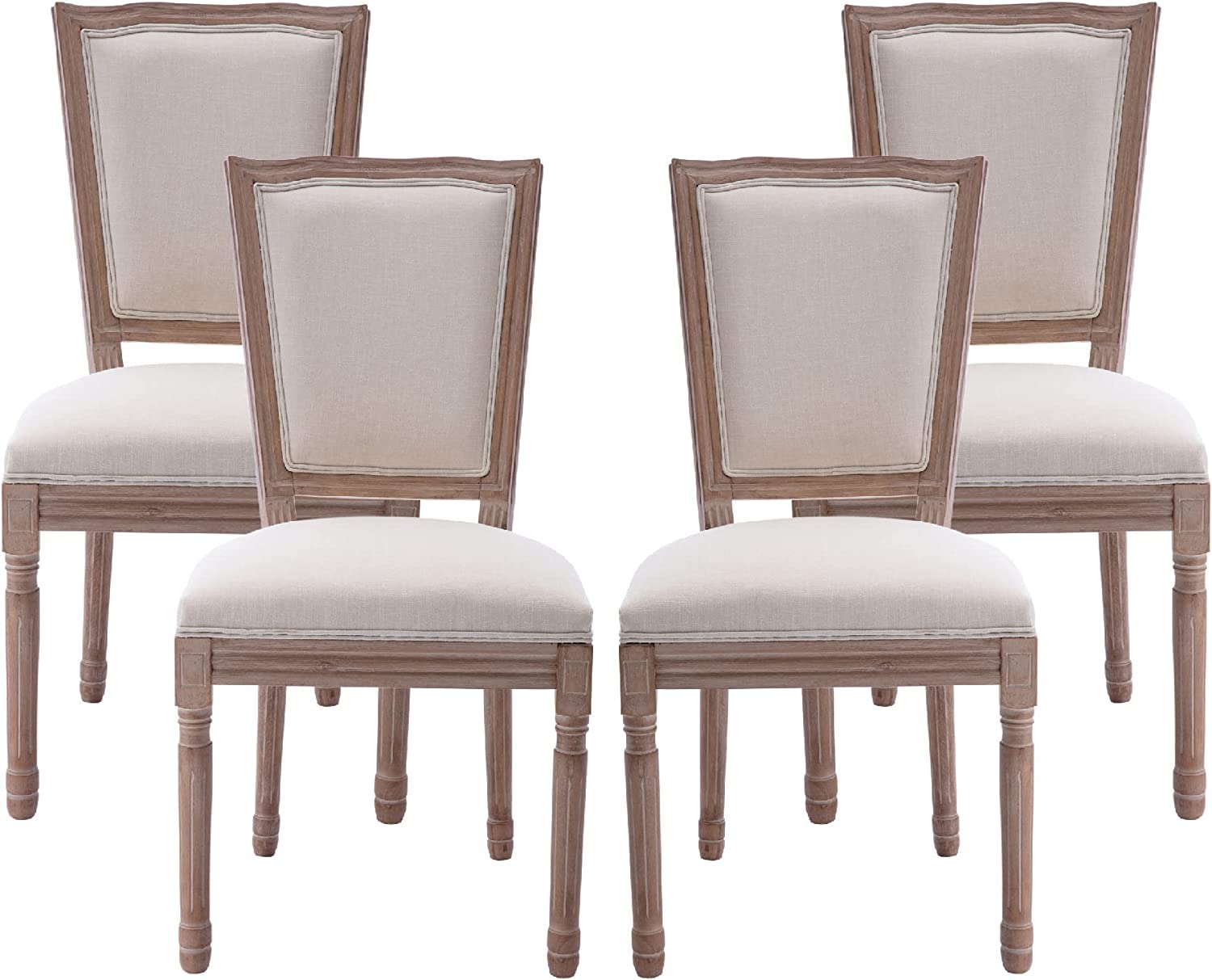 Nrizc Farmhouse Dining Chairs Set of 4 - French Country Square Back Bistro Chairs with Brown Wood Legs, Beige Upholstered Seats - Perfect for Dining Room, Kitchen, Living Room, Restaurant & Cafe Decor