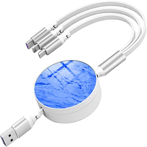 Naiadiy 66W Super Fast Charging Cable 3.3Ft - Retractable 3-in-1 USB C/Micro USB/Lightning Cable (6A) for iPhone 15/14/13, Samsung Galaxy, iPad - Durable Blue Marble Design - Perfect for Travel, Home & Office Charging