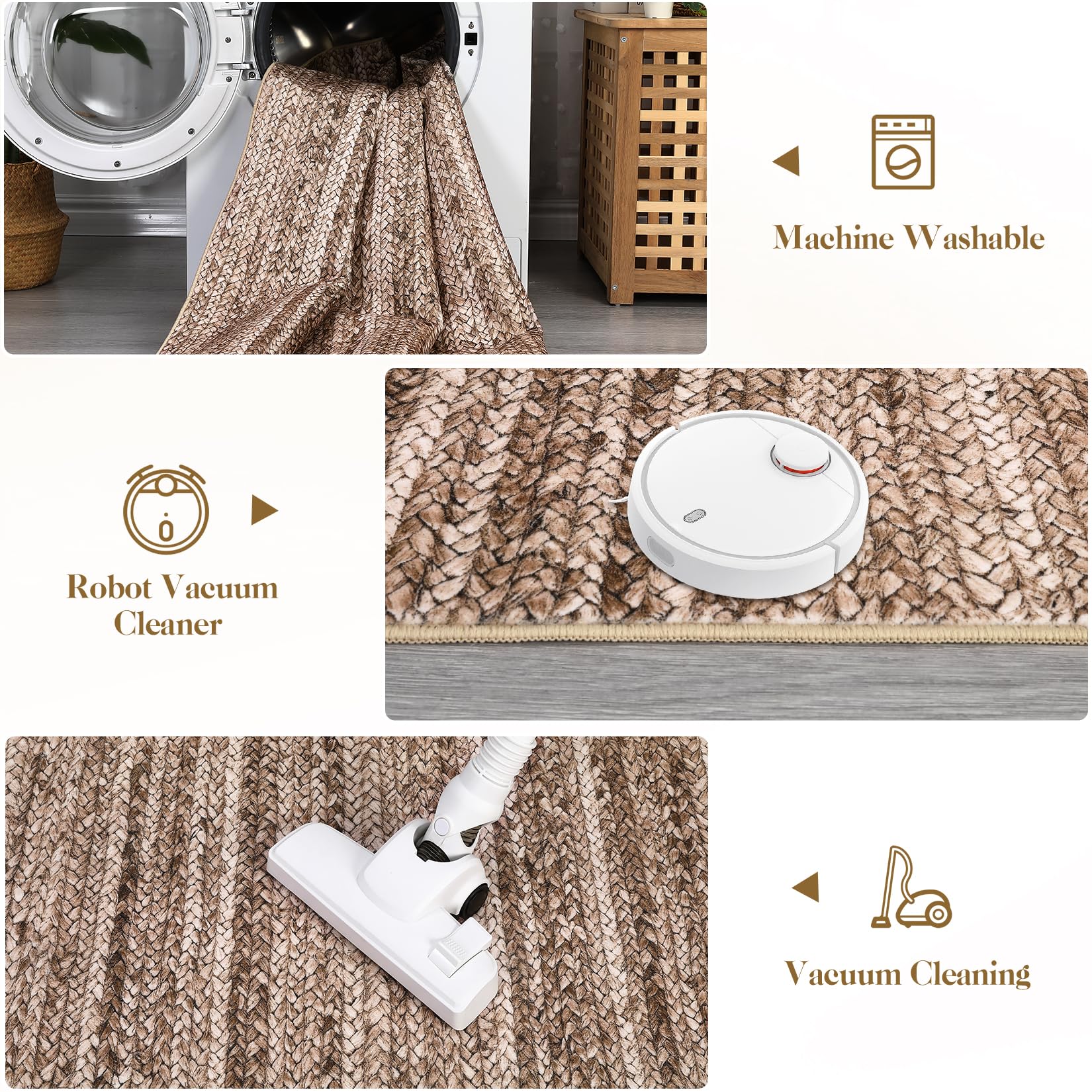 GARVEE 2x6 Washable Braided Runner Rug - Non-Slip Low Pile Modern Kitchen & Bathroom Rug - Ultra Thin Lightweight Indoor Carpet for Hallway, Entrance, Living Room - Foldable Home Decor (Brown)