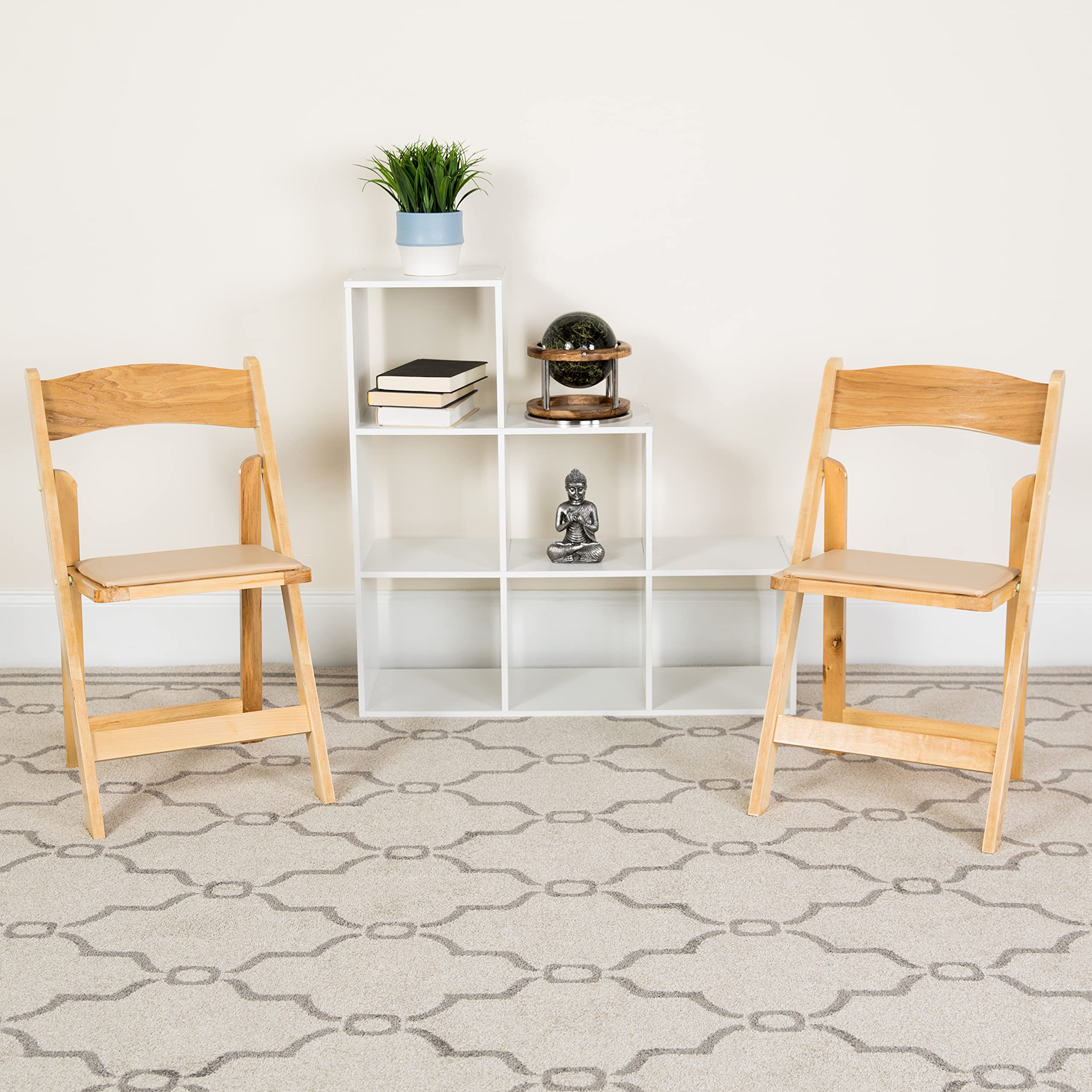 EMMA + OLIVER 2 Pack Natural Wood Folding Chairs with Vinyl Padded Seat - Sturdy & Comfortable for Dining, Patio, Camping, and Outdoor Events
