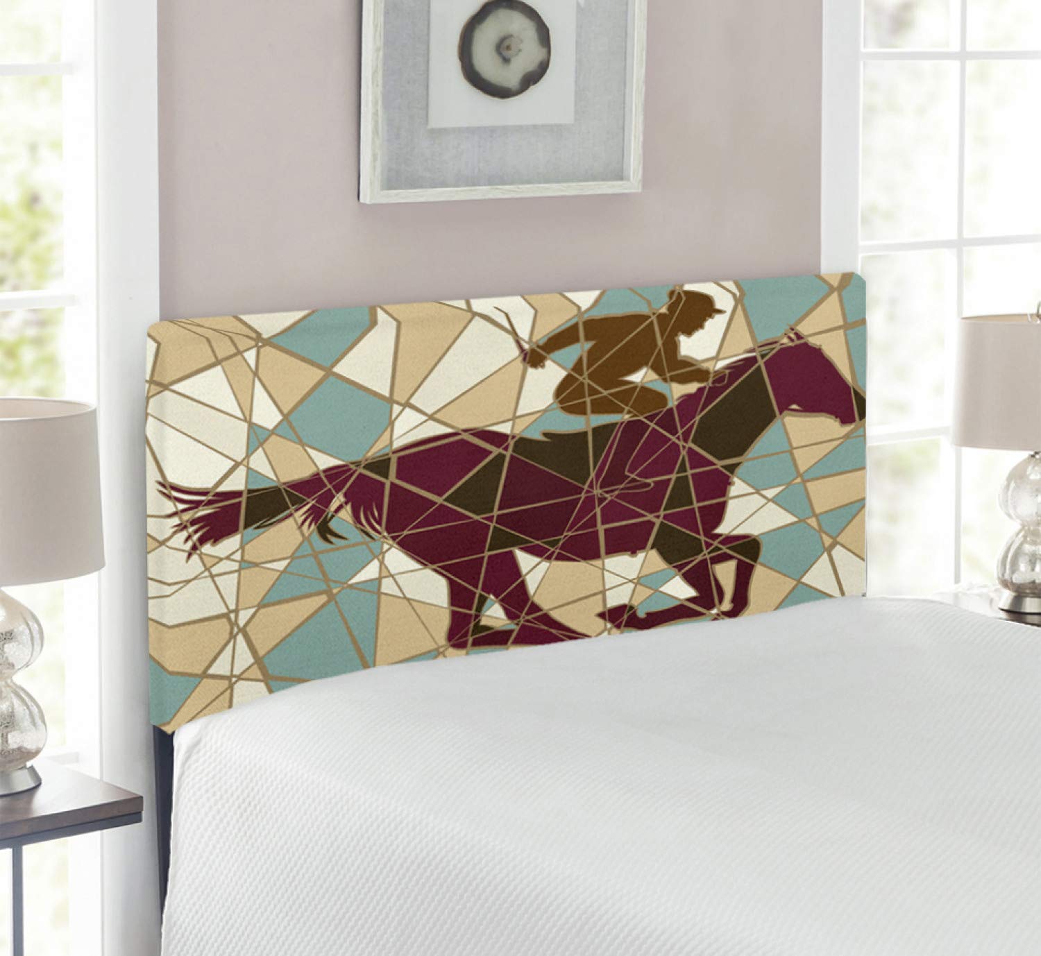 Ambesonne Mosaic Upholstered Headboard - Twin Size Decorative Metal Bed Frame with Memory Foam, Running Horse & Jockey Silhouette Design in Purple, Pale Brown & Teal - Perfect for Bedroom, Guest Room & Dorm Decor